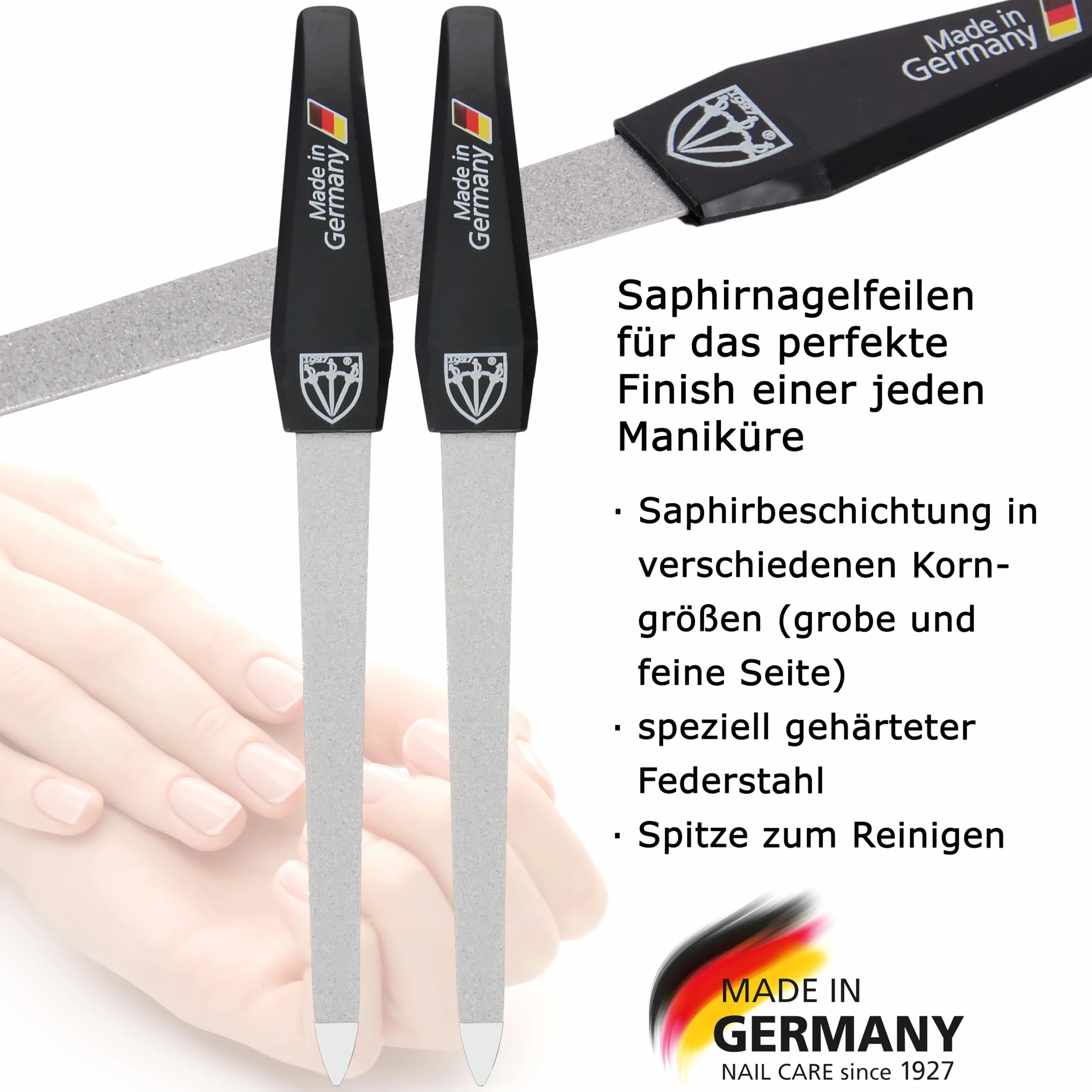 DREI SCHWERTER - Szafirowe pilniki do paznokci zestaw 2 + 1 | wysokiej jakości zestaw do manicure i pedicure, Made in Germany | Zawartość: 2 x szafirowy pilnik do paznokci i 1 x trójdrożna polerka do