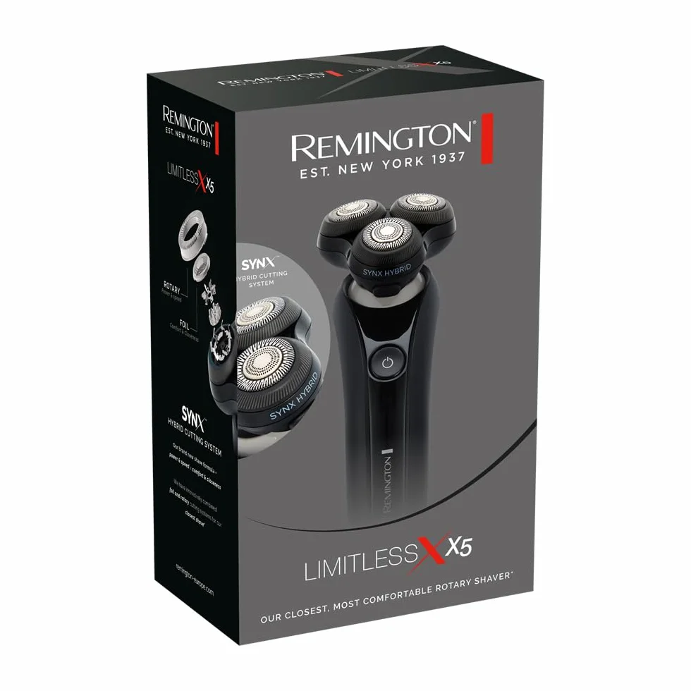 Remington X5 Limitless X Golarka elektryczna dla mężczyzn z hybrydowym systemem tnącym SynX, rotacyjna, na mokro i na sucho, trymer, elastyczne głowice, bezprzewodowa, 360° PivotBall, USB, XR1755