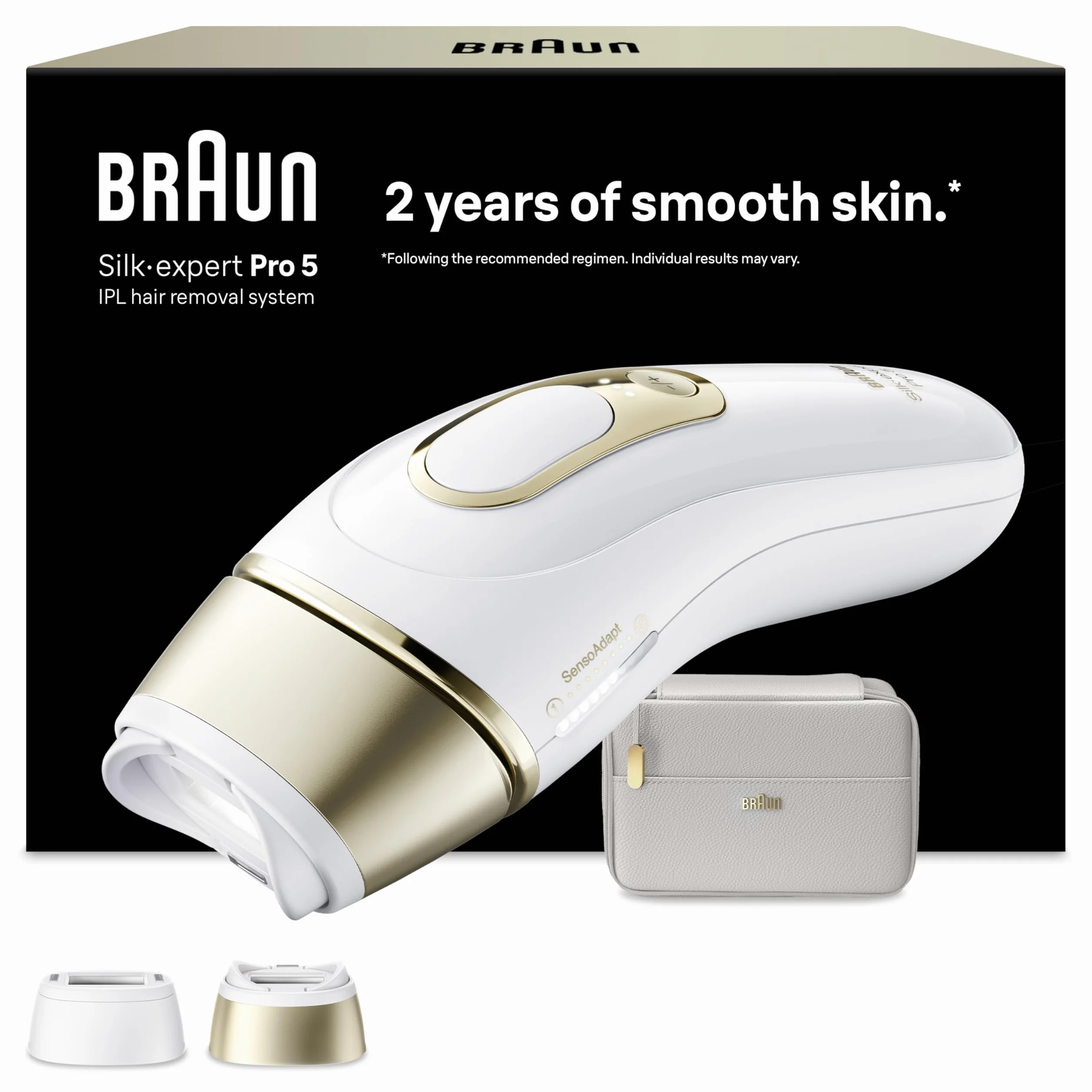 Braun IPL Smart Silk·expert Pro 5, Laserowe Usuwanie Owłosienia w Domu, Trwała Depilacja, Z Saszetką, 2 Nasadkami, PL5210
