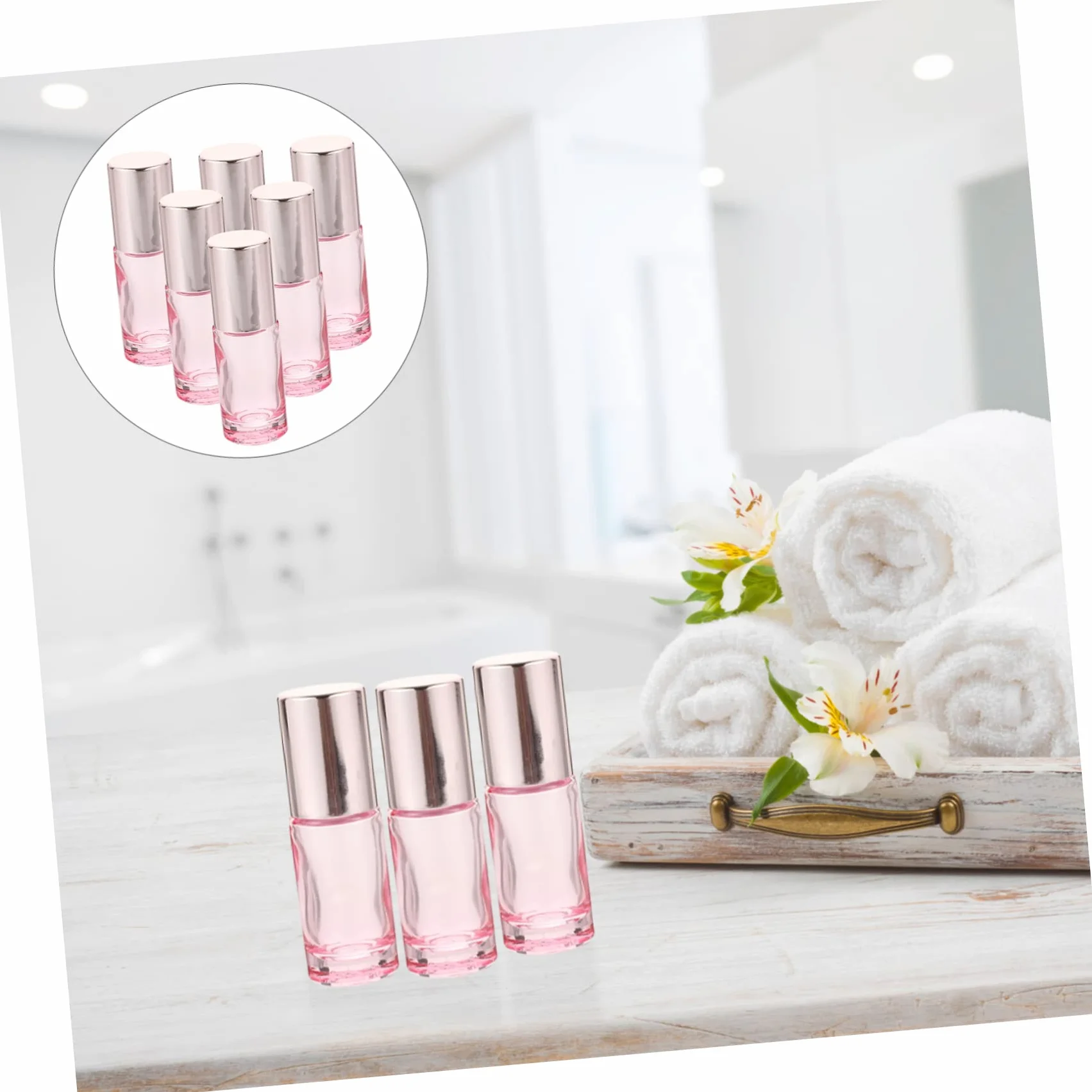 DOITOOL 6kawałki Sztuk Butelek Szklanych z Kulką Do Olejków Eterycznych Różowe Butelki Perfumy Do Aromaterapii i Przechowywania Płynów Wodoodporne z Funkcją Bezpiecznego