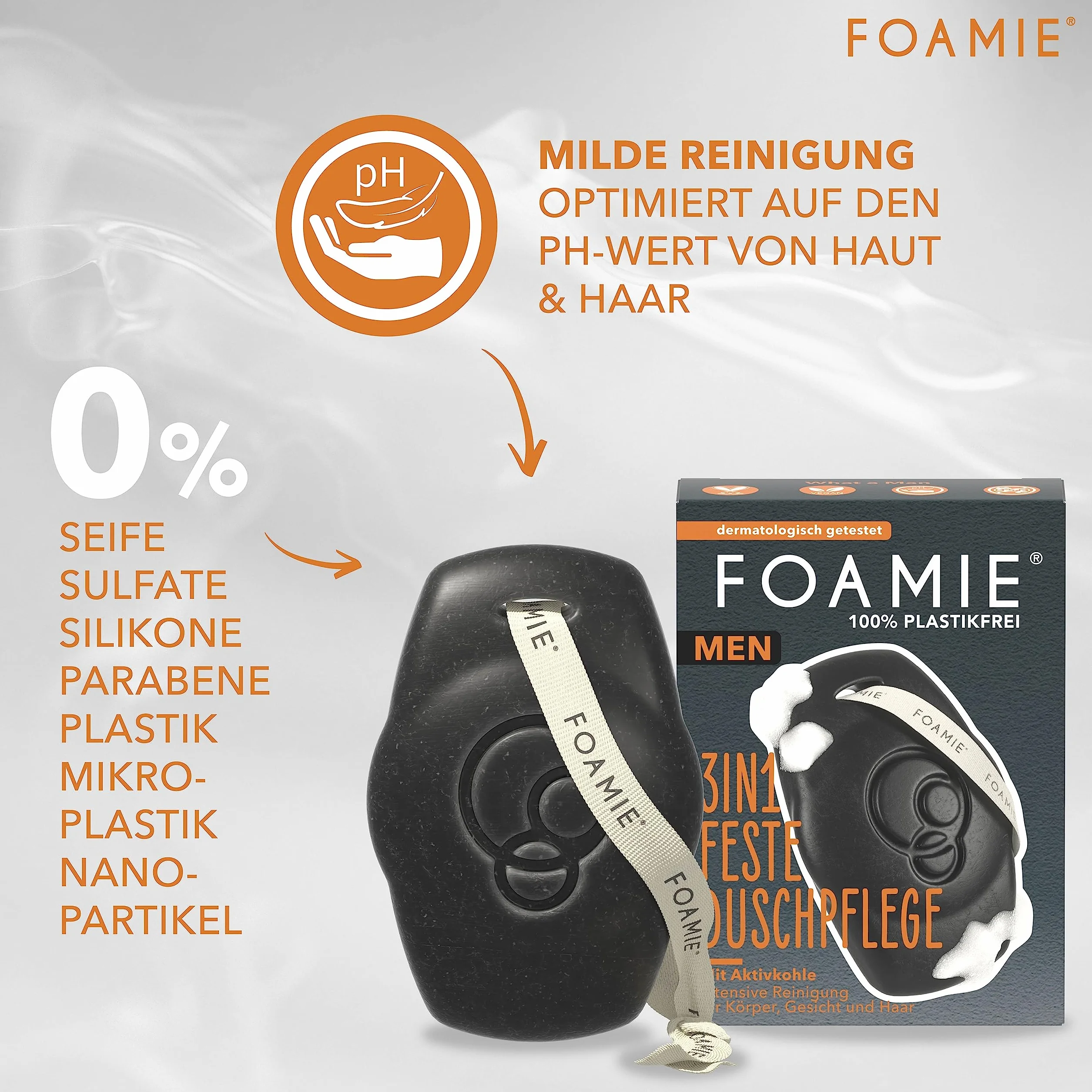 Foamie Men 3 w 1 stały żel pod prysznic i szampon, węgiel aktywny z drewna różanego – do ciała, twarzy i włosów – mocny zapach drzewny, gruntowne czyszczenie i pielęgnacja – wegański, bez plastiku i