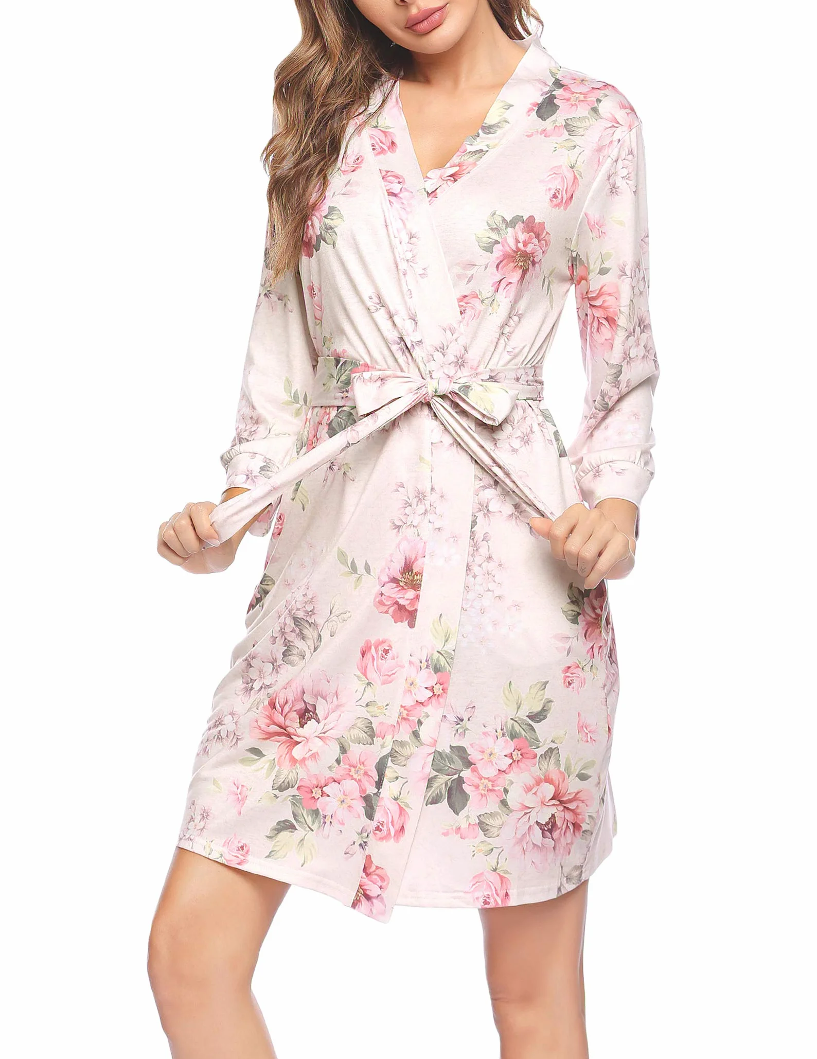 Ekouaer Szlafrok damski krótki dzianinowy szlafrok szlafrok damski odzież domowa dekolt w serek lekkie miękkie kimono z kieszeniami