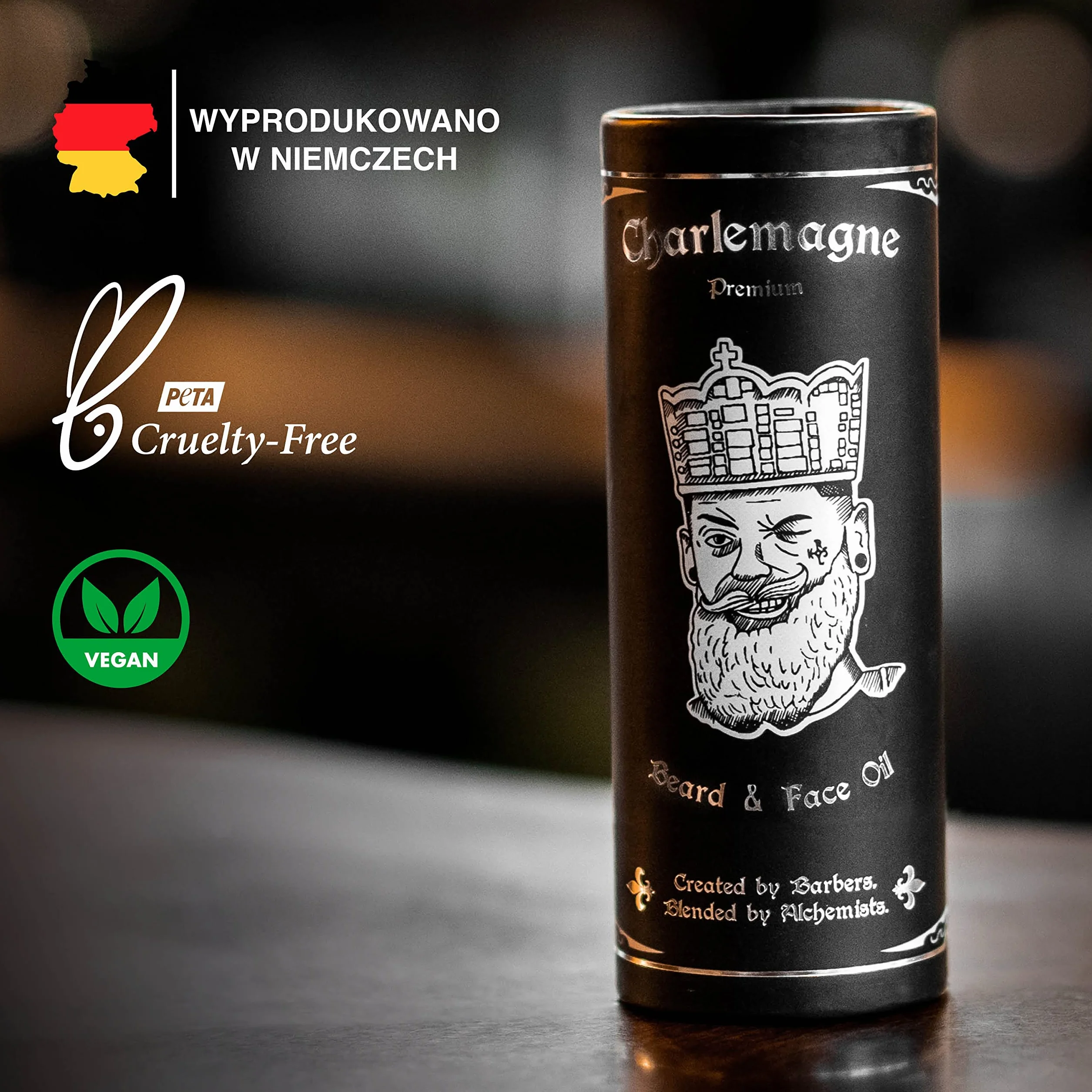 Olejek do brody Charlemagne - 100% wegański wyprodukowany w Niemczech, (Leather Scent) naturalny do pielęgnacji, stymuluje wzrost - Wegański Beard Oil