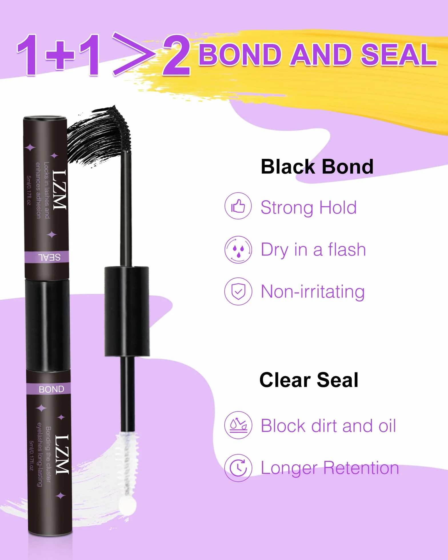 LZM Klej do rzęs Lash Bond And Seal – trwały klej do rzęs, czarny, wodoodporny klej do przedłużania rzęs, bezpieczna formuła, klejenie i uszczelnianie, łatwy w użyciu do makijażu (2 szt.)