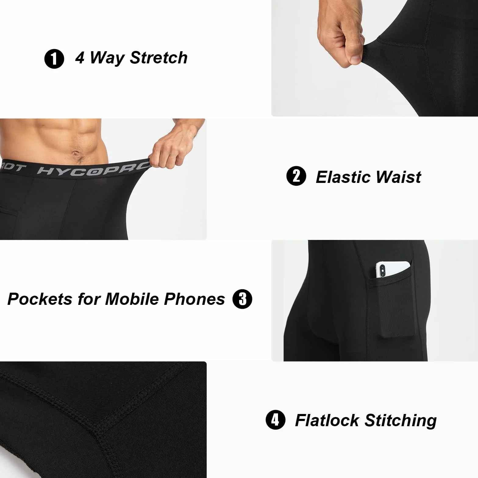 HYCOPROT Męskie Spodnie Kompresyjne 3/4 z Kieszeniami Bieganie Trening Sportowy Rajstopy Capri Legginsy Base Layer Koszykówka Siłownia