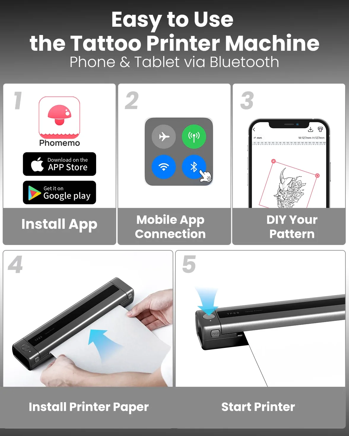 Phomemo Drukarka do Tatuażu, TP88 Tattoo Printer, Drukarka Termiczna do Tatuażu Bluetooth A4, Przenośna Drukarka do Tatuażu do Tatuażu dla DIY z 10-sztuk Papierami do Tatuażu