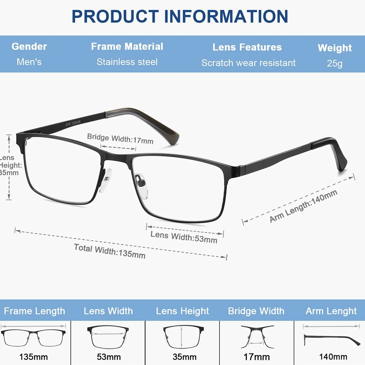 EYECEDAR Amcedar 5 stuks okulary do czytania męskie prostokątne oprawki metal szary stal szlachetna materiał