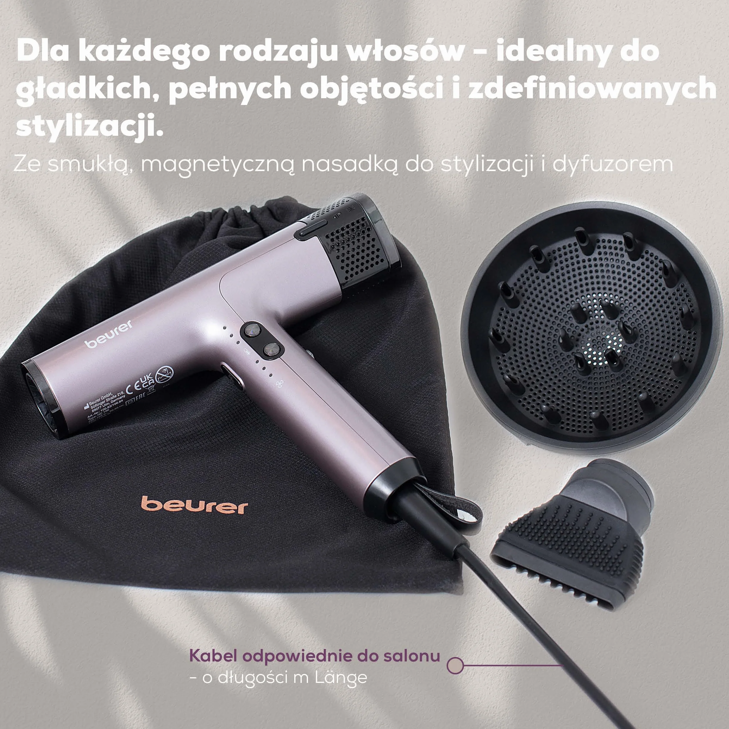 Beurer HC 100 Excellence suszarka do włosów, suszarka do włosów z silnikiem cyfrowym, mocna i lekka, 4 ustawienia temperatury i dmuchawy do szybkiego i delikatnego suszenia