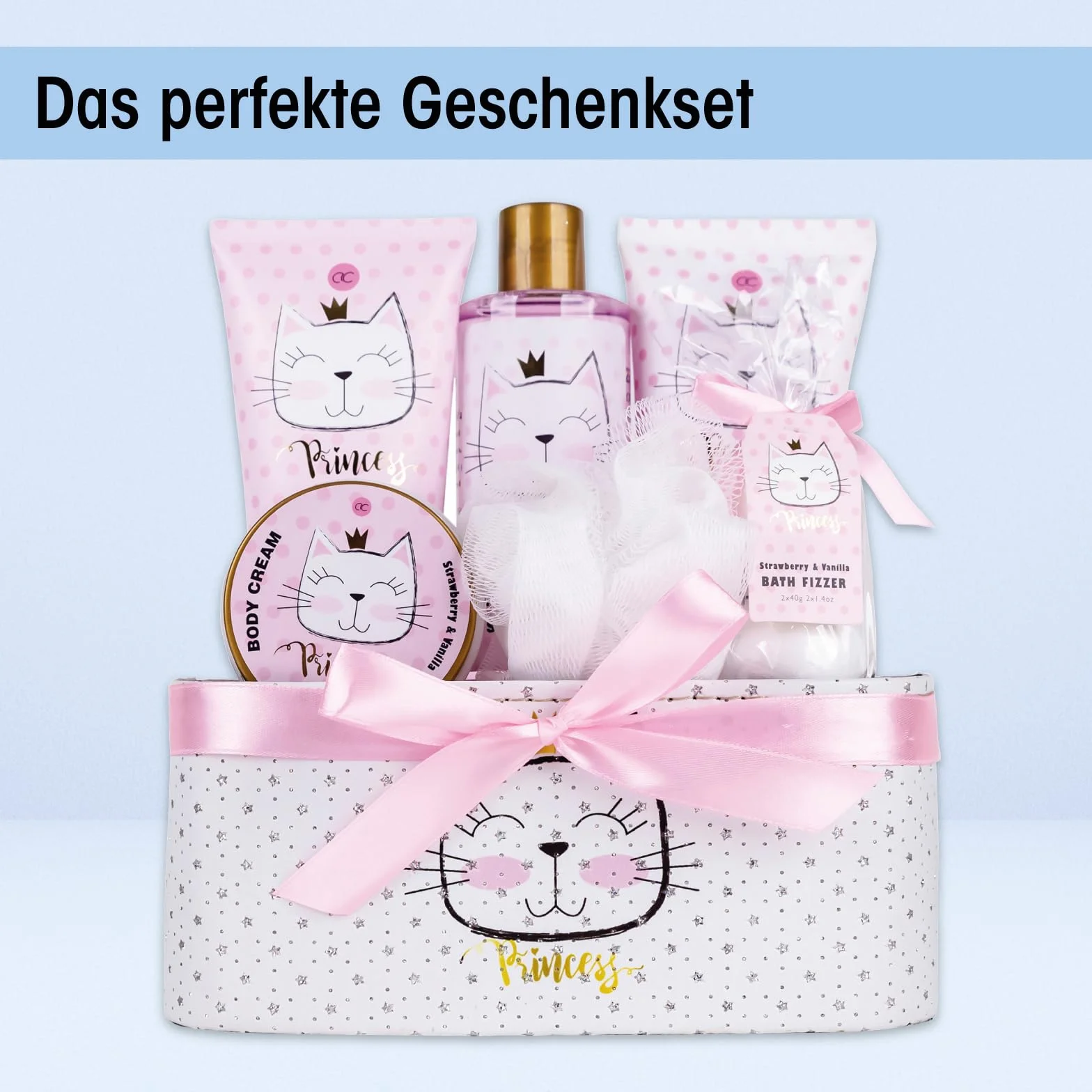 Accentra Zestaw upominkowy Princess Kitty 7-częściowy z kąpielą piankową, peelingiem, żelem pod prysznic i balsamem do ciała