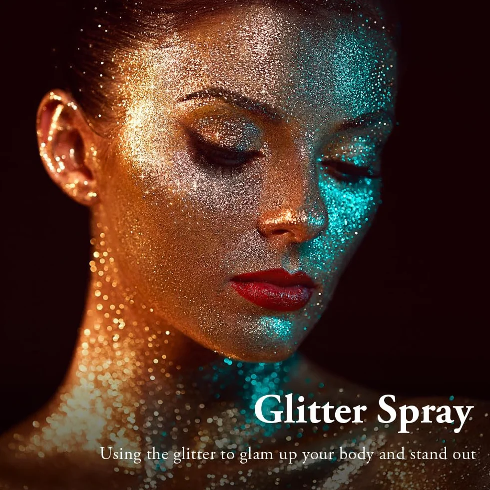 AOOWU Brokat w sprayu, brokat do ciała i włosów z 1 wkładem, brokatowy spray do makijażu w proszku, ultracienki brokat w proszku na Halloween, klub, imprezy, 17 g (kolorowy laser)