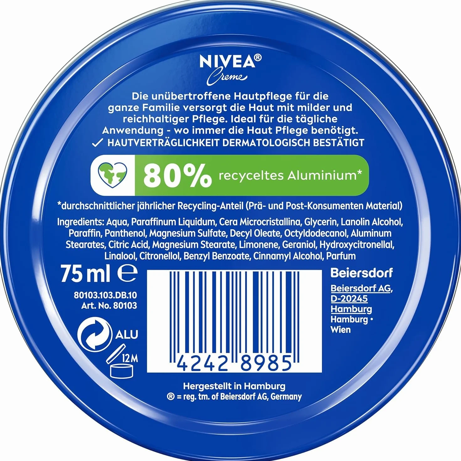 NIVEA Puszka kremowa uniwersalna pielęgnacja, klasyczny krem nawilżający do wszystkich rodzajów skóry, bogata pielęgnacja skóry z eucerytem pokrewnym (75 ml)