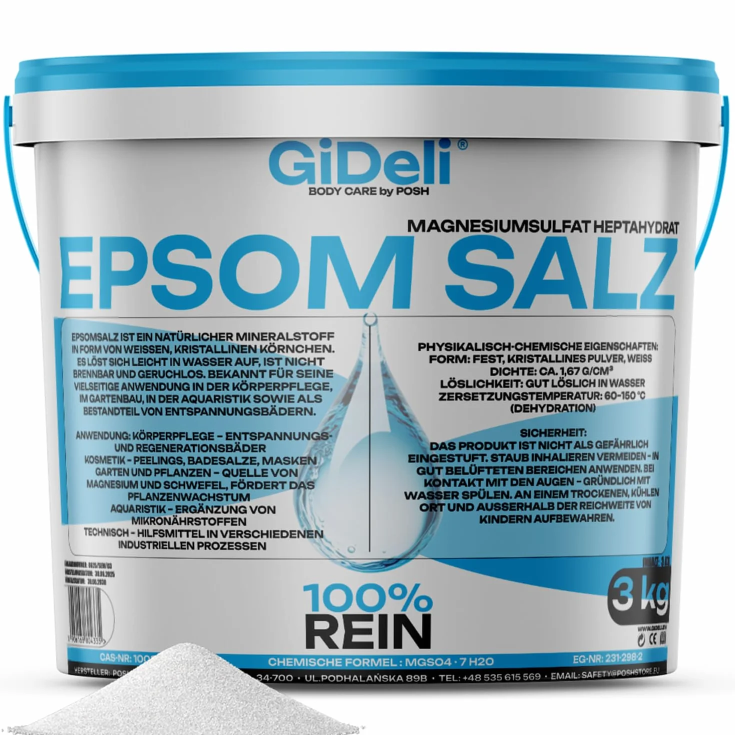 GiDeli Epsom sól 3 kg, siarczan magnezu, jakość farmaceutyczna, sól do kąpieli w wiaderku, 100% czysta naturalna sól, pielęgnacja skóry, relaksująca kąpiel (3000 g)