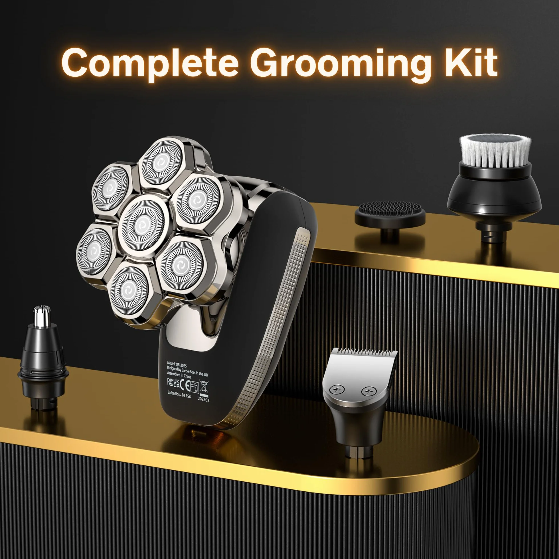 BarberBoss Golarka obrotowa 7D 5 w 1 z wyświetlaczem LED, ładowanie USB-C, trymer do brody i nosa, zestaw do pielęgnacji twarzy