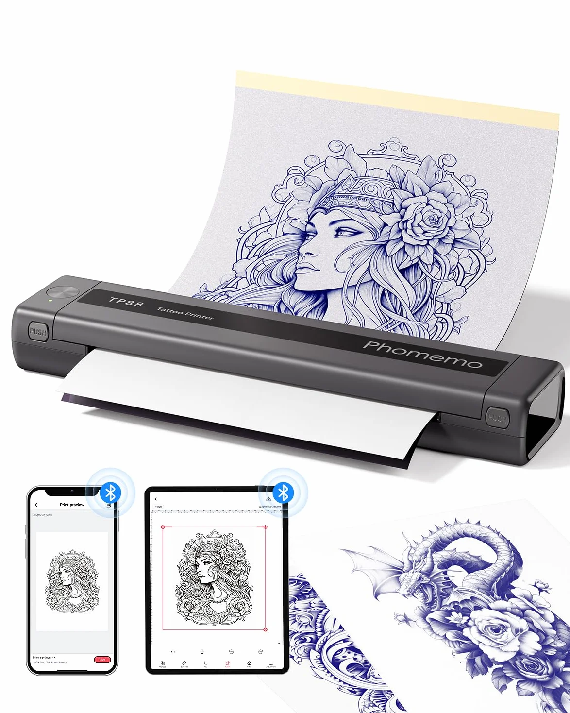 Phomemo Drukarka do Tatuażu, TP88 Tattoo Printer, Drukarka Termiczna do Tatuażu Bluetooth A4, Przenośna Drukarka do Tatuażu do Tatuażu dla DIY z 10-sztuk Papierami do Tatuażu