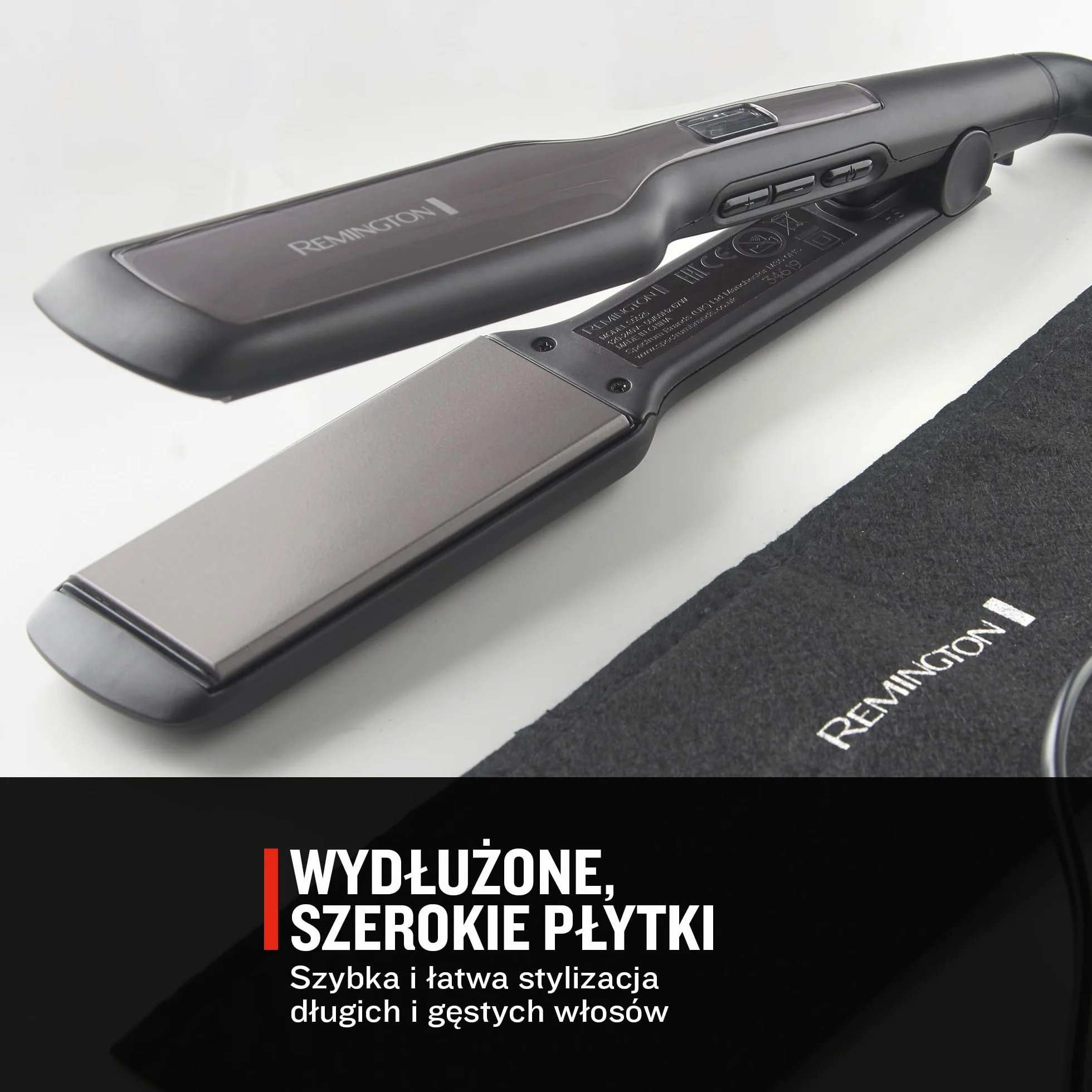Remington prostownica do włosów, powłoka ceramiczna, szerokie płytki, zakres temp. 150-230°C, funkcja Turbo, szybkie nagrzewanie, ruchome płytki, etui w zestawie, czarna, Pro Ceramic Extra S5525