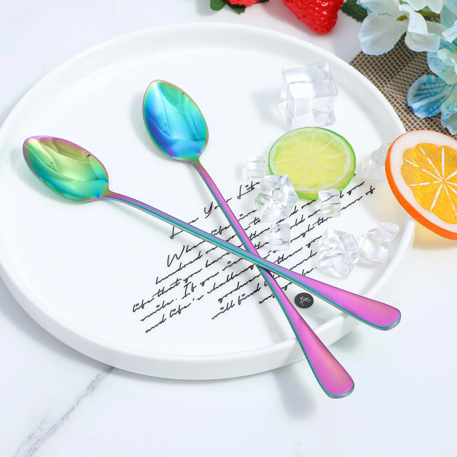 4 długie łyżki do lodów ze stali nierdzewnej, Sundae Spoons, wytrzymałe i trwałe, zestaw łyżek do latte macchiato do koktajli, deserów, macchiato, Sundae, 19,5 cm, kolorowe łyżki do