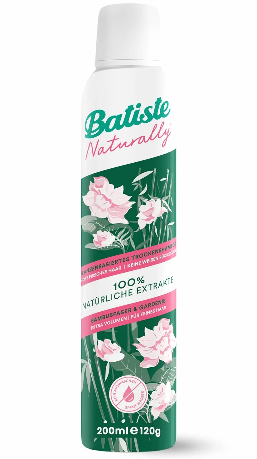 Batiste Suchy szampon Naturally włókna bambusowe & Gardenia 200 ml, suchy szampon do odświeżania i stylizacji cienkich włosów, bez spłukiwania, wegański, ze 100% naturalnych ekstraktów