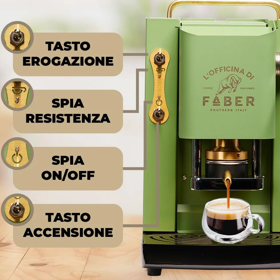 Faber Ekspres do kawy | model Pro Deluxe | Ekspres do kawy ESE 44 mm | wersja powlekana mosiądzem | regulowana prasa do padów z mosiądzu | standardowy zawór elektryczny (neonowa zieleń)