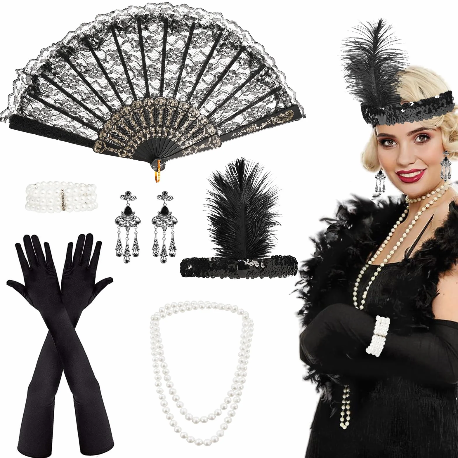 7 częściowy zestaw akcesoriów w stylu Wielkiego Gatsby'ego 1920, akcesoria dla kobiet z lat 20., kobieta z Charleston lat 20., zestaw akcesoriów w stylu flapper z lat 1920 na bal, Boże
