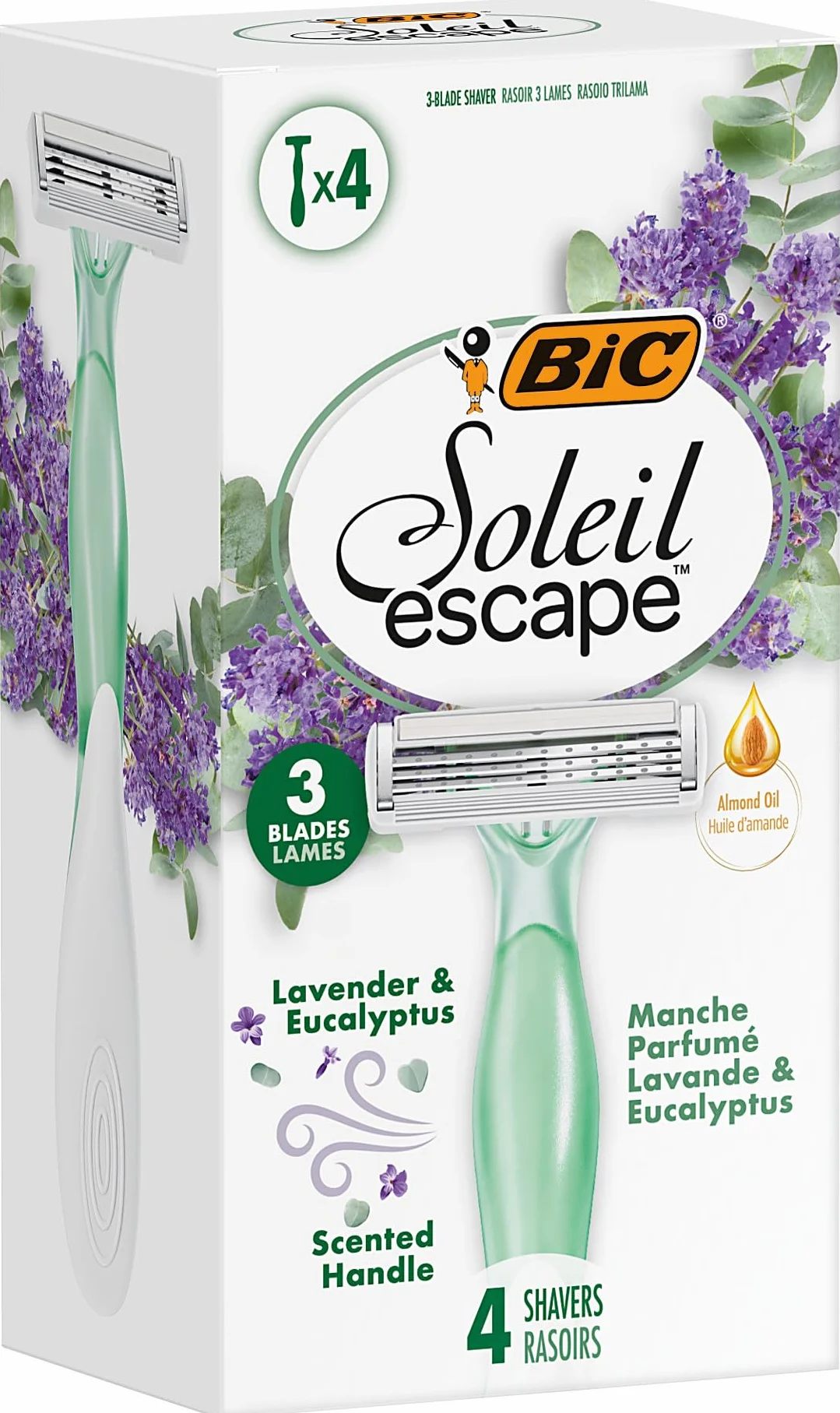 BIC Soleil Escape Damskie maszynki do golenia lawendowego i eukaliptusowego z 3 liśćmi i opaską nawilżającą z olejkiem migdałowym - opakowanie 4 szt
