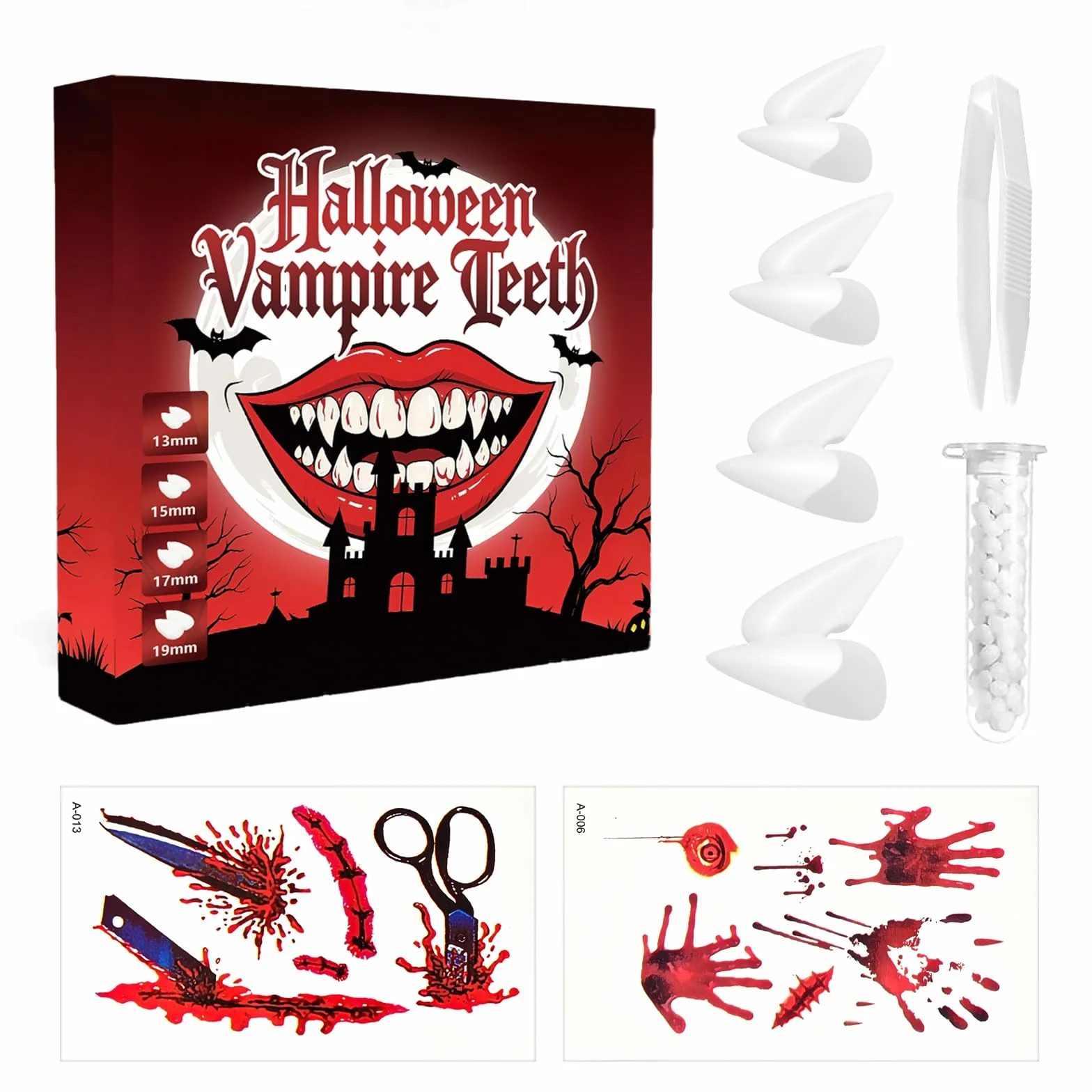 Zęby wampira dla dzieci i dorosłych, 4 pary zębów wampira Halloween z tatuażem na twarzy, zęby wampira do wklejania z klejem na pełny dzień, wielokrotnego użytku na Halloween, cosplay, impreza
