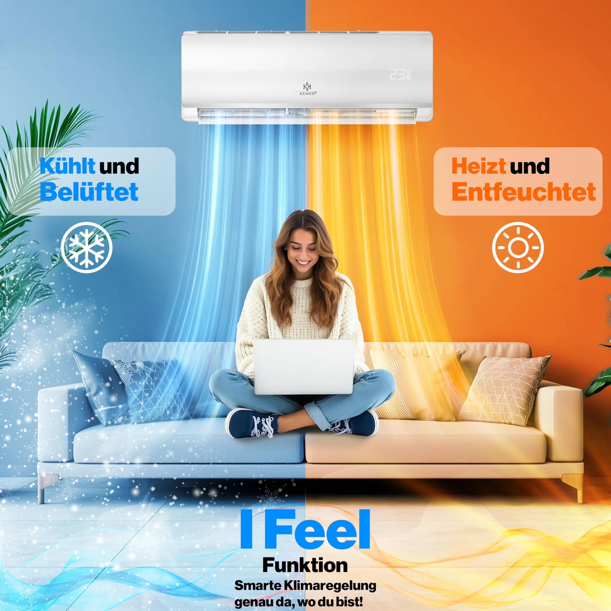 KESSER Zestaw klimatyzacji Split – z funkcją WiFi / aplikacji – chłodzenie A++/ ogrzewanie A+ – 9000 BTU/h (2600 W), bardzo cichy, czynnik chłodniczy R32 – pilot zdalnego sterowania, funkcja timera