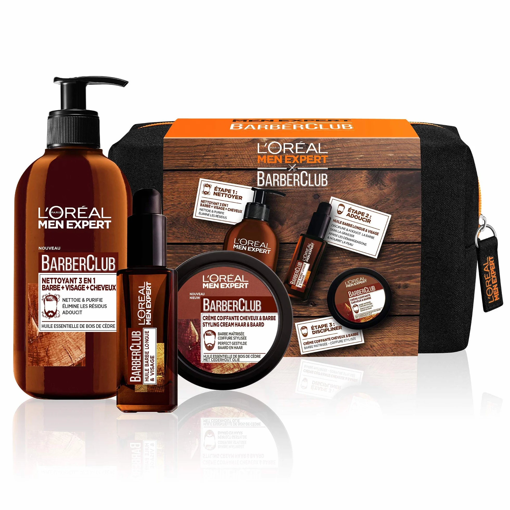 L'Oréal Paris Men Expert BarberClub - kosmetyczka z brodą + twarz + włosy dla mężczyzn - środek czyszczący 3 w 1 + olejek do brody + krem do stylizacji, zestaw 3 produktów