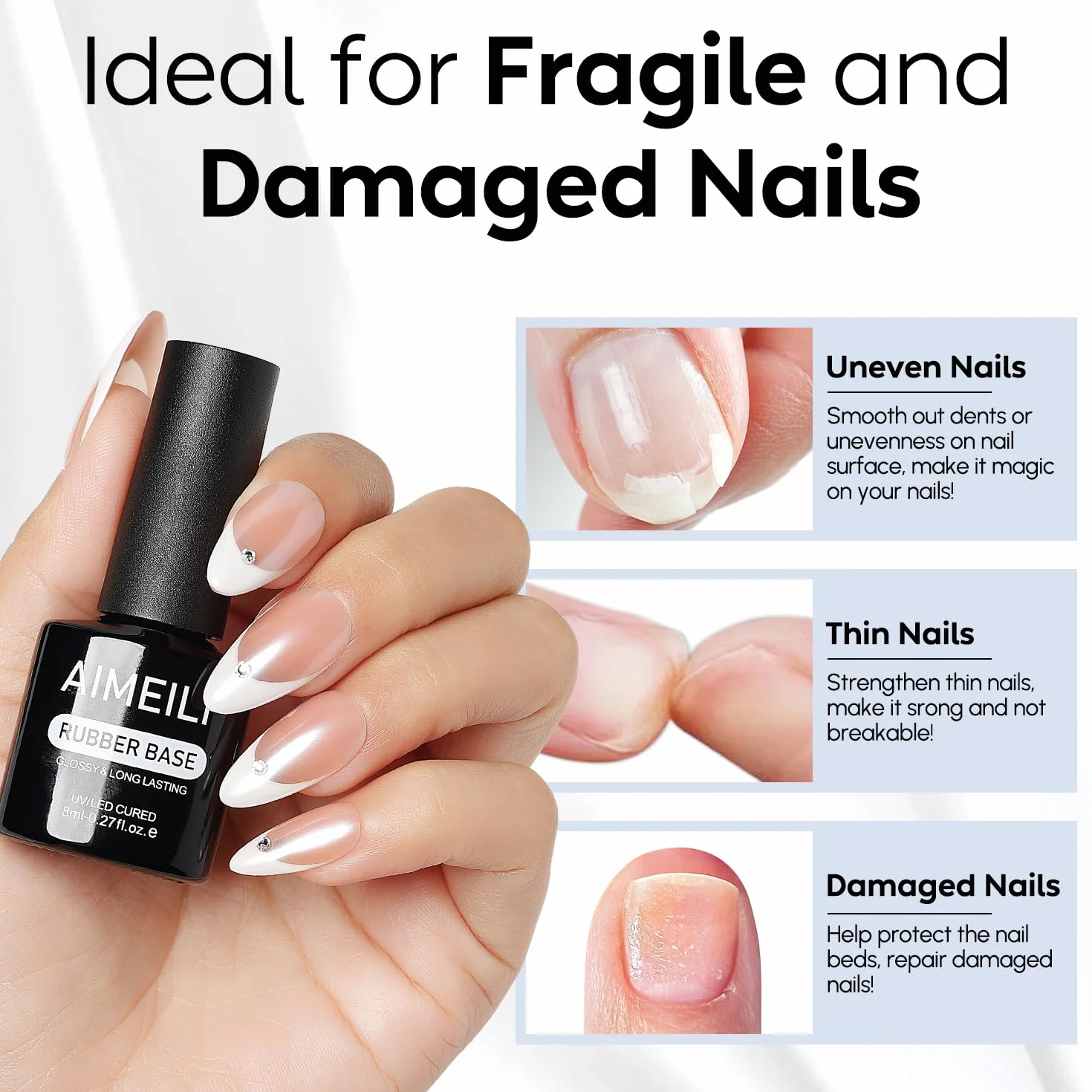 AIMEILI Builder Gel Nail Rubber Base Top Coat Półtrwały, 3 x 8 ml, 7 IN 1 Builder Gel Rubber Base i Top Coat Półtrwały UV LED Soak Off Set