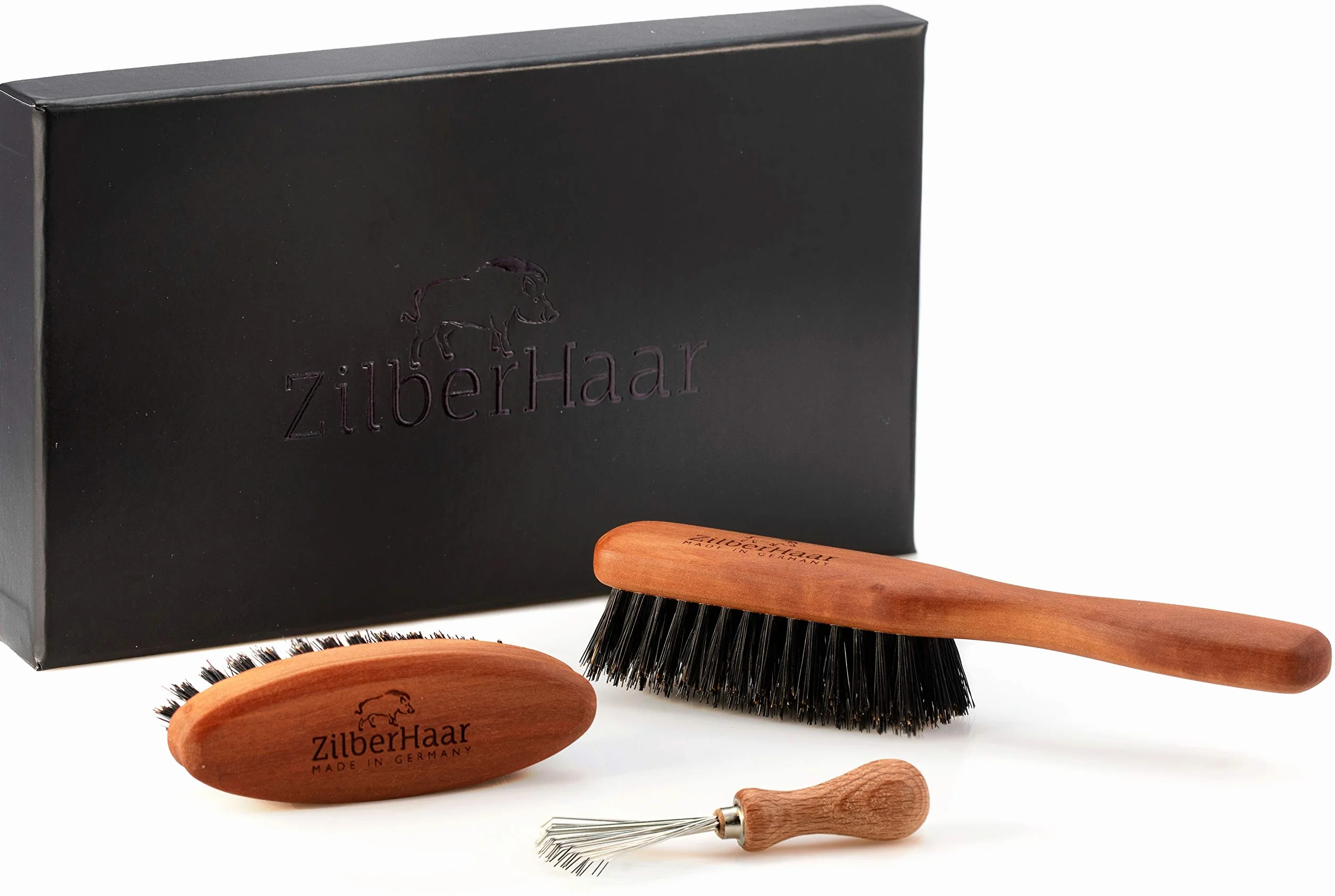 ZilberHaar Bartbürsten-Set mit steifen Borsten - Original-Bartbürste - Taschen-Bartbürste - inkl. Bartbürsten-Reinigungswerkzeug