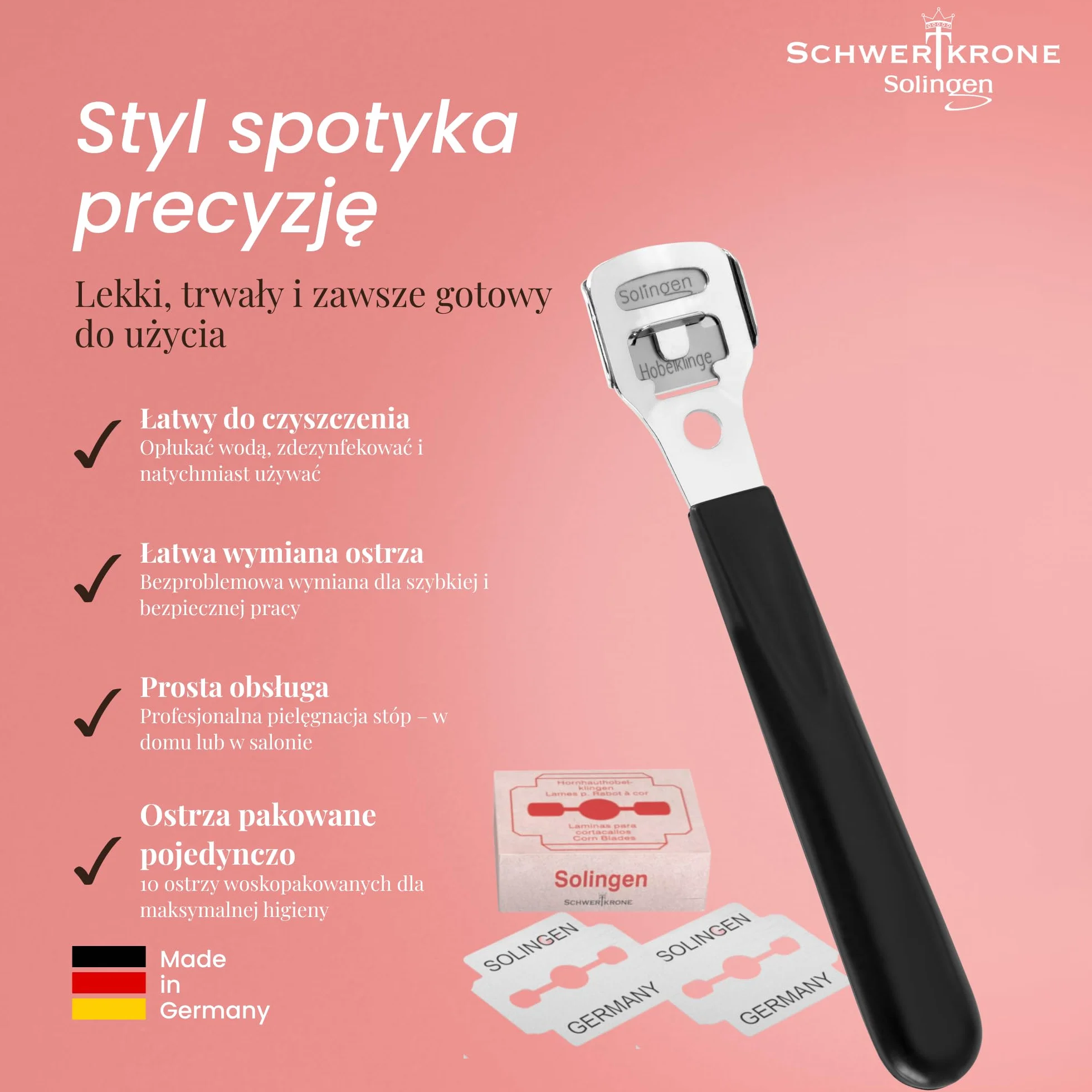 Schwertkrone Solingen strug do zrogowaciałego naskórka z 10 ostrzami/zapasowymi ostrzami do strugania zrogowaciałego naskórka – nierdzewny 10