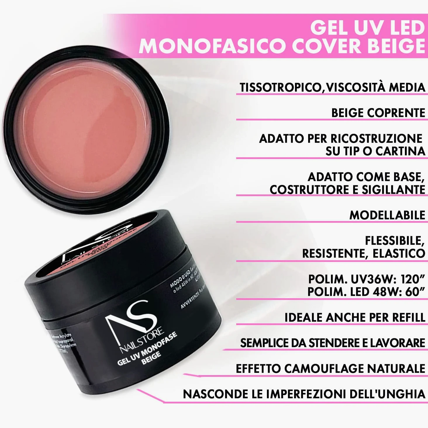 Nail Store - Żel UV Led jednofazowy Beżowy pokrowiec Beżowy - kamuflaż - średnia gęstość - samopoziomująca - łatwa obróbka, nadaje się do napełniania i przedłużania kartką (100 g)