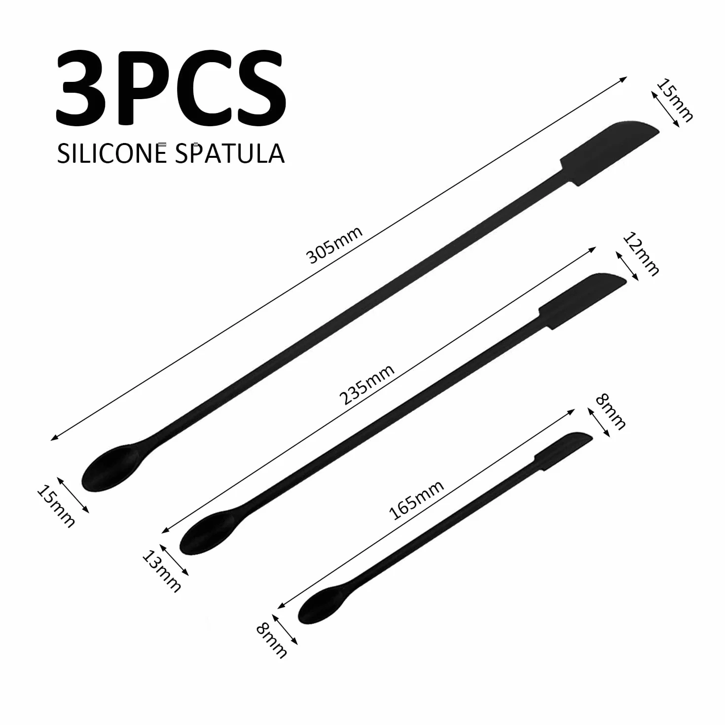 Zestaw 3 mini szpatułek silikonowych, mała łyżeczka silikonowa, szpatułka, szpatułka do kosmetyków, długa rączka, silikonowe mieszadło do wąskich butelek, Beauty (czarny)
