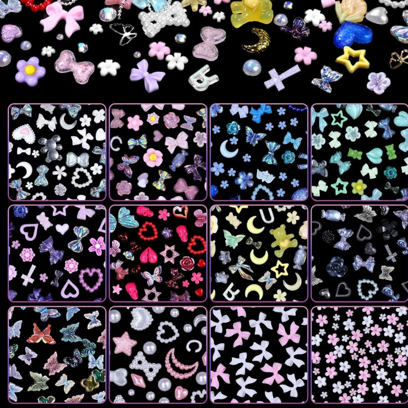 Irikdescia Zestaw zawieszek do paznokci 3D, wspaniałe kolory, pąki-kwiaty-kokardki-księżyc-serce-gwiazdy, zdobienia paznokci, świecące kryształowe ozdoby, akcesoria do paznokci DIY