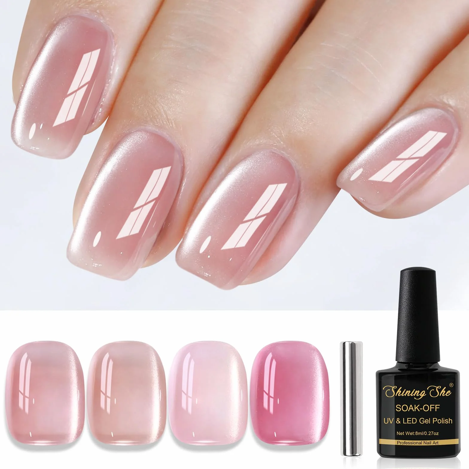Shining She Półtrwały lakier magnetyczny, 4 odcienie bladego różu, holograficzny brokat kocie oko, z magnetycznym sztyftem, lakier UV/LED, lakier do paznokci, do salonu, domu DIY, 8 ml