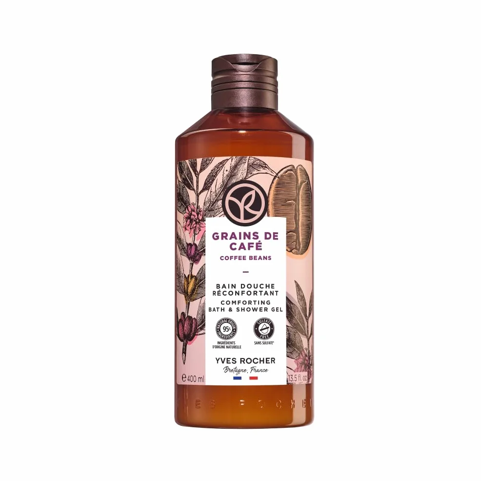 Yves Rocher Bain de Nature Ziarna Kawy – Energetyzujący i wyrafinowany żel pod prysznic i do kąpieli, aromatyczna pianka z ekstraktem, wegańska formuła, butelka z recyklingu, duża pojemność, 400 ml