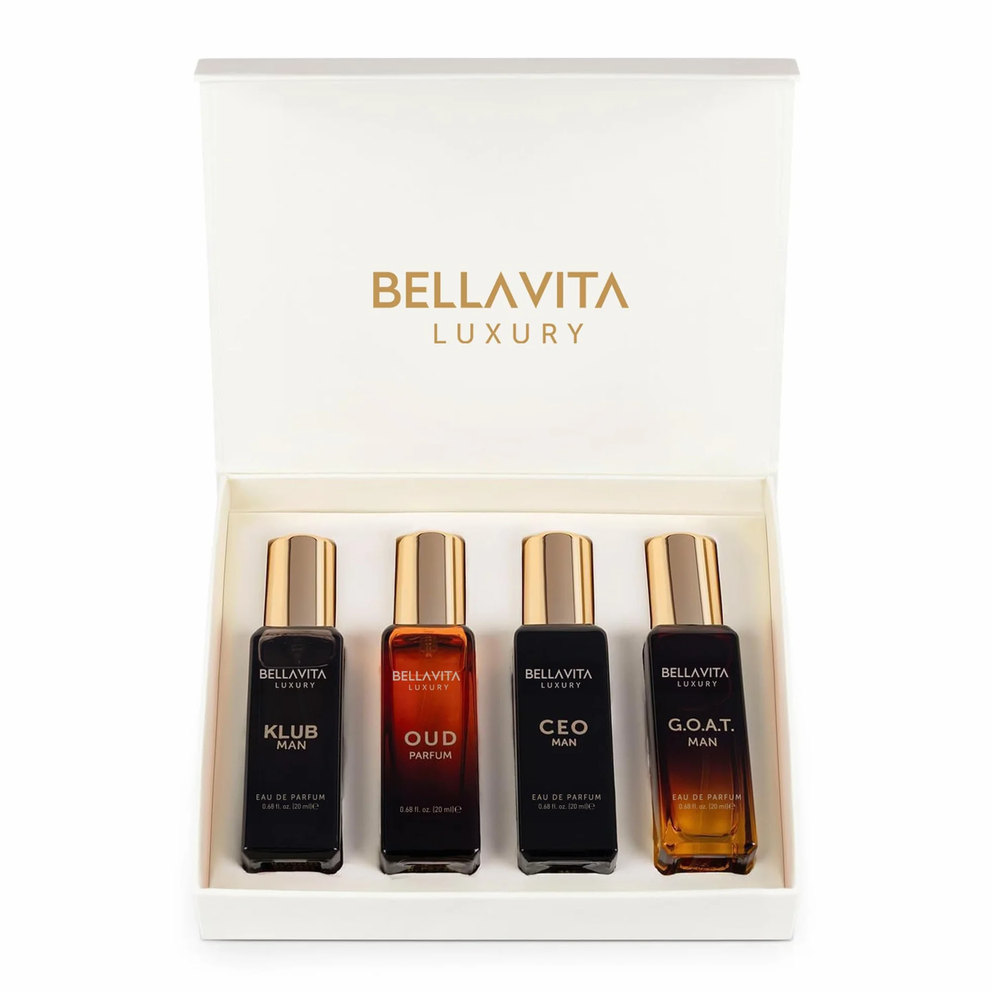 Bella Vita Luxury Długotrwały zestaw upominkowy perfum dla mężczyzn, 4 x 20 ml, prezenty dla mężczyzn, drzewny, cytrusowy, oud, zapach premium | KLUB, OUD, CEO, G.O.A.T