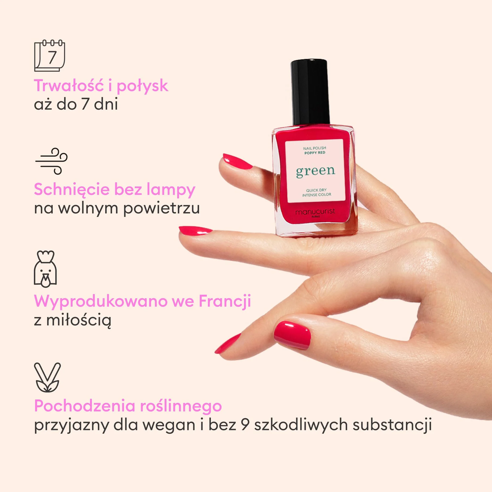Manucurist System Green (Poppy Red) – profesjonalny zestaw upominkowy do manicure, wegański: 1 preparat do paznokci, 1 lakier bazowy, 1 lakier do paznokci, 1 top płaszcz, krople do suszenia - prezenty