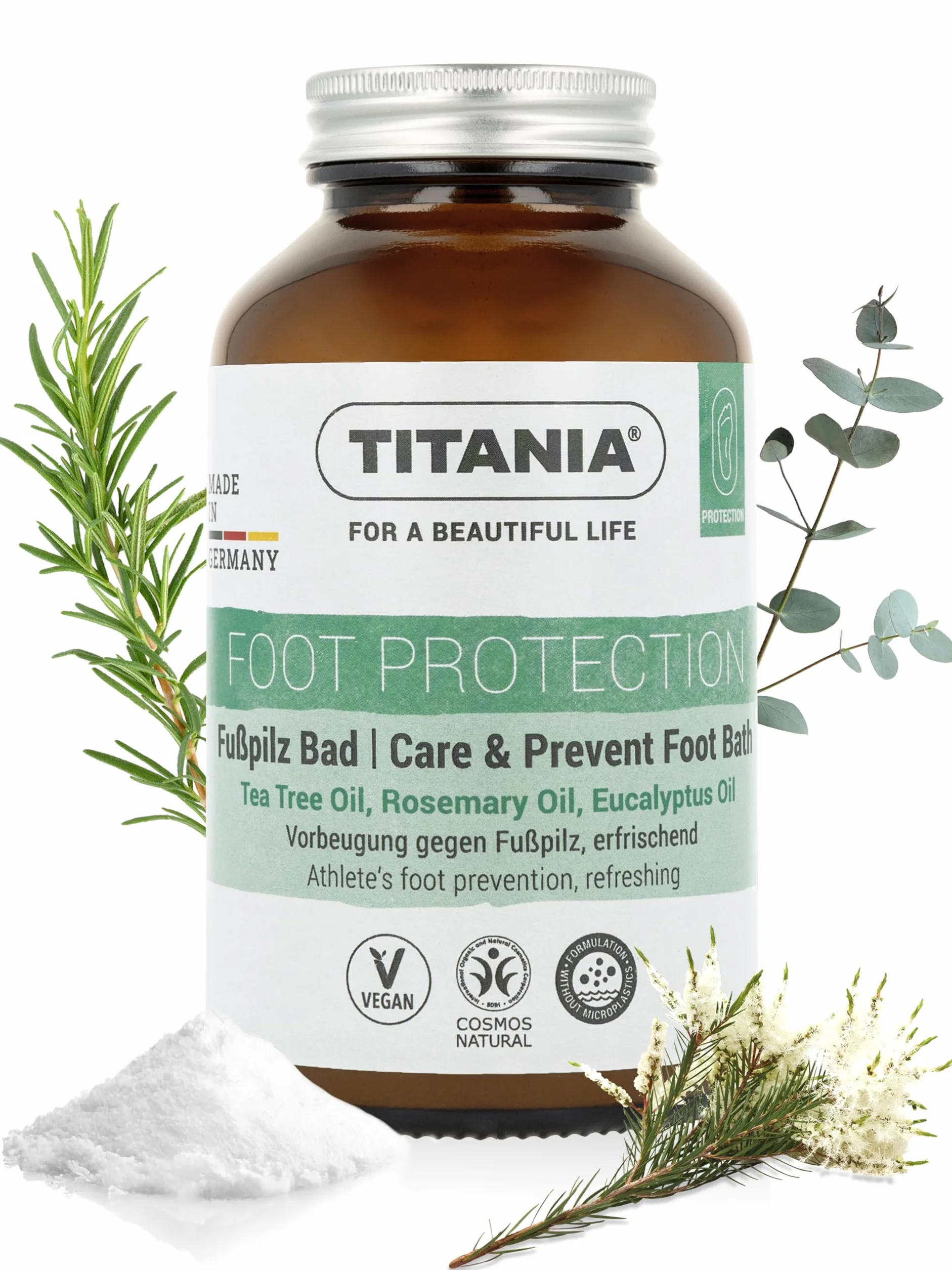 TITANIA® Sól do kąpieli stóp 325 g z olejkiem z drzewa herbacianego do zapobiegania grzybicy stóp, naturalna pielęgnacja stóp z rozmarynem, miętą i eukaliptusem, wegańska, bez mikroplastiku, testowana