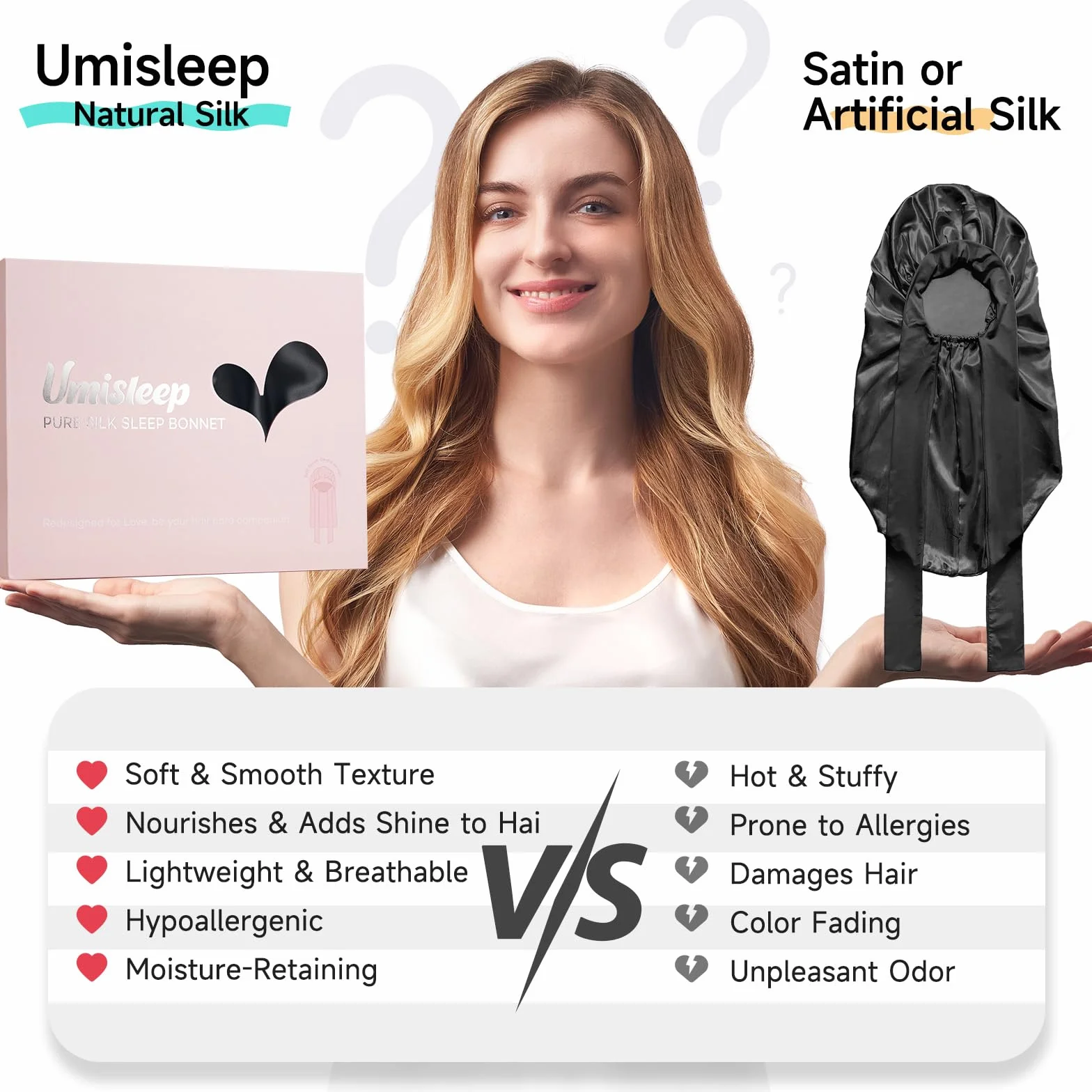 Umisleep czapka do spania 22 momme 100% jedwab morwowy dwustronna regulowana czarna 53-63