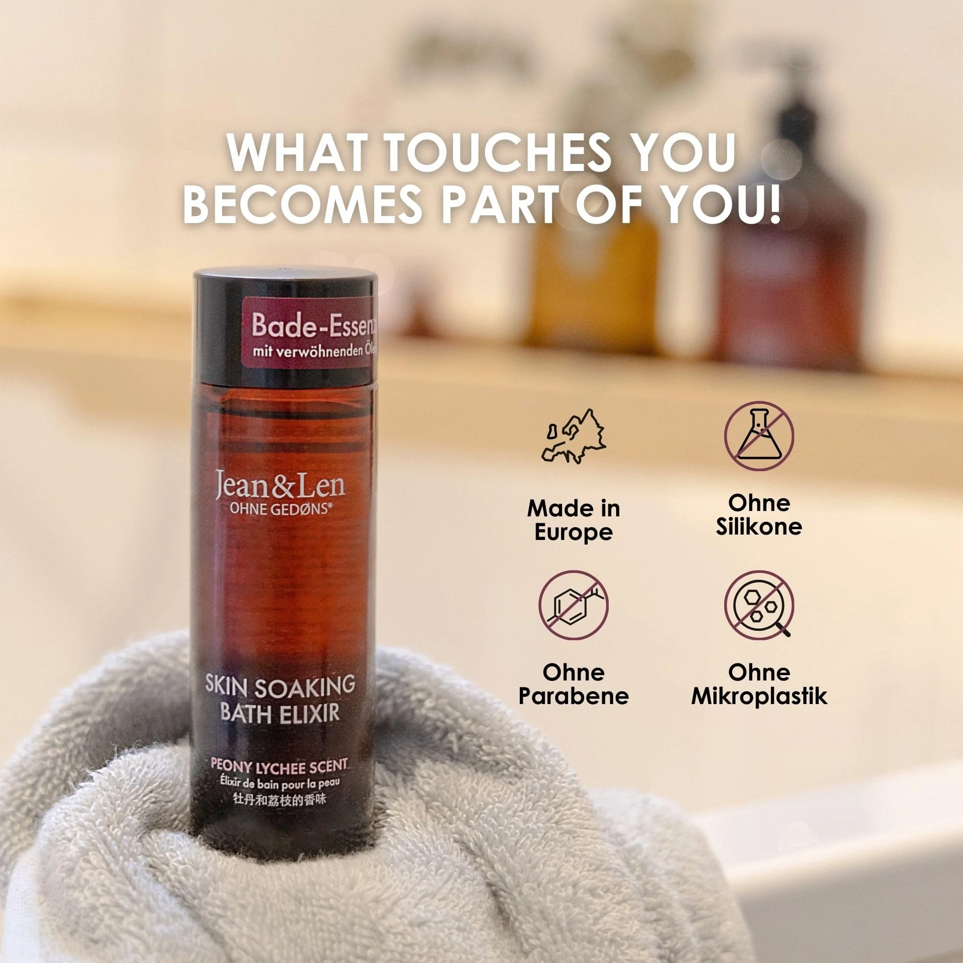Jean & Len Bath Elixir Peony & Lychee, z naturalnymi olejkami, pozostawia przyjemne uczucie na skórze, kwiatowy zapach, olejek do kąpieli do wszystkich rodzajów skóry, bez parabenów i silikonów, 100