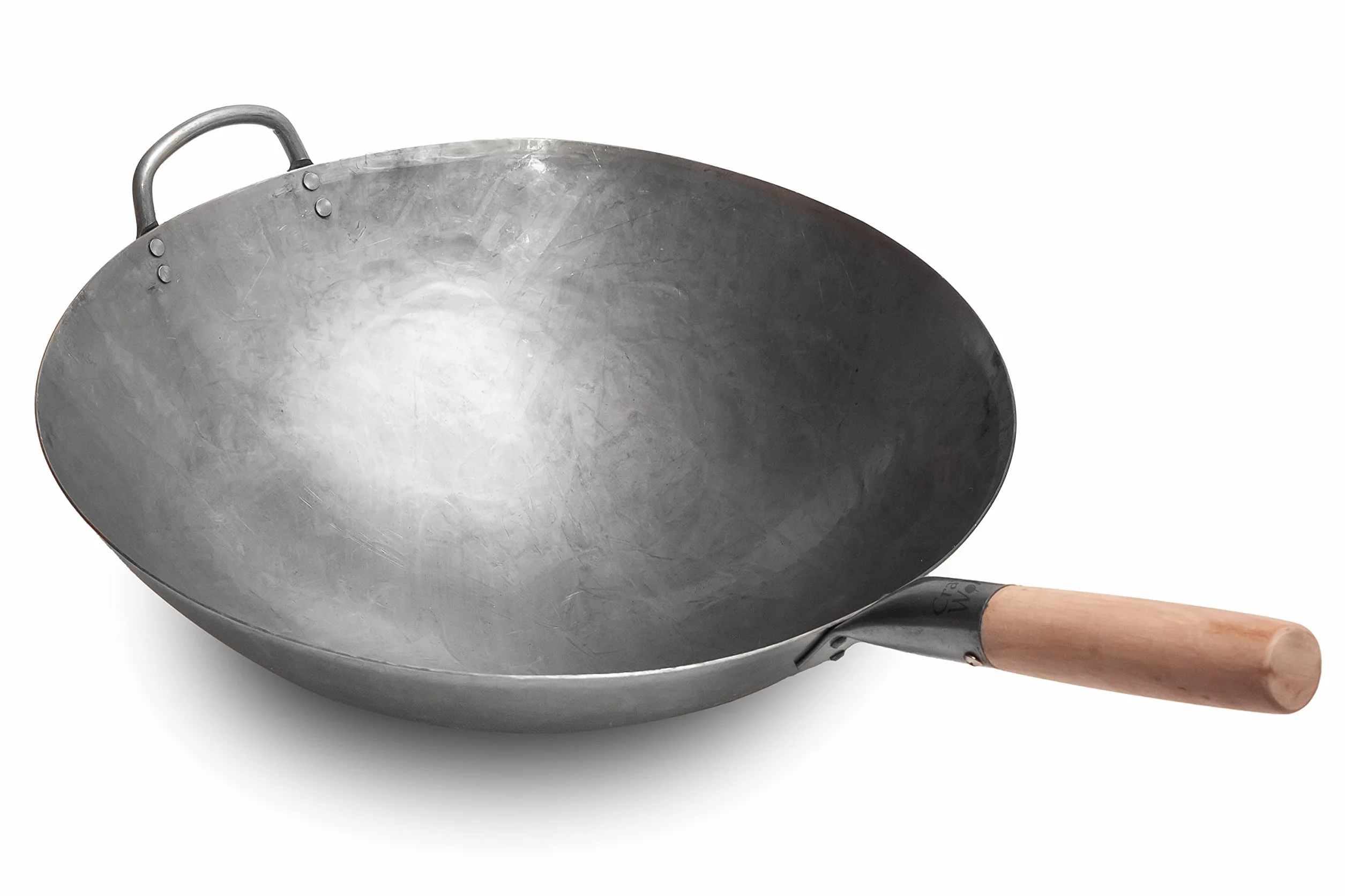 Craft Wok Wok z płaskim dnem, ręcznie kuty, ze stali węglowej, z drewnianym i stalowym uchwytem pomocniczym, ciężki, 731W138, 40 cm