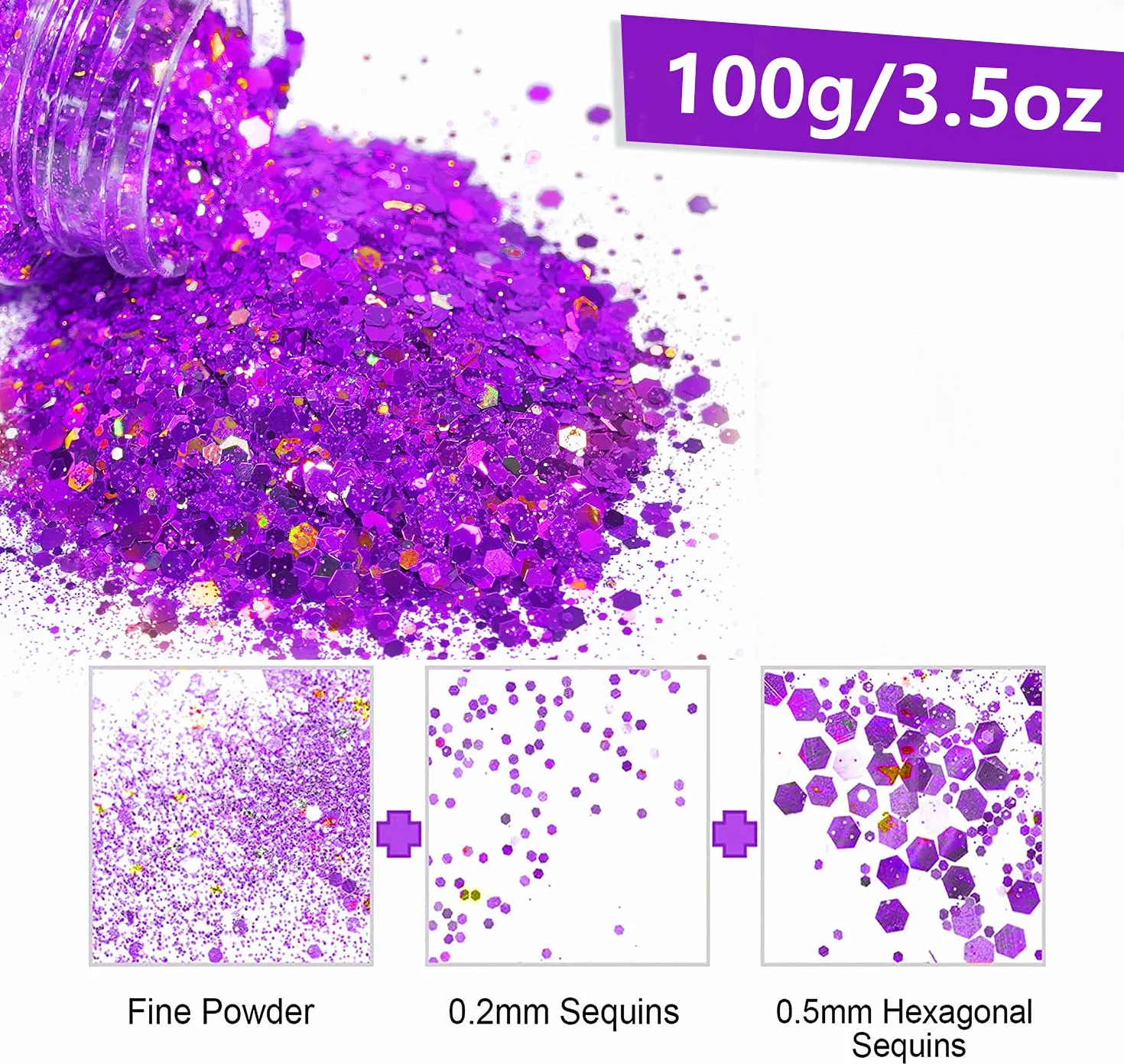 HEMOER Holograficzny duży brokat, 100G fioletowy brokat, cekiny do twarzy, ciała, włosów, żywicy epoksydowej, brokat do twarzy - Total 3,52 oz fioletowy