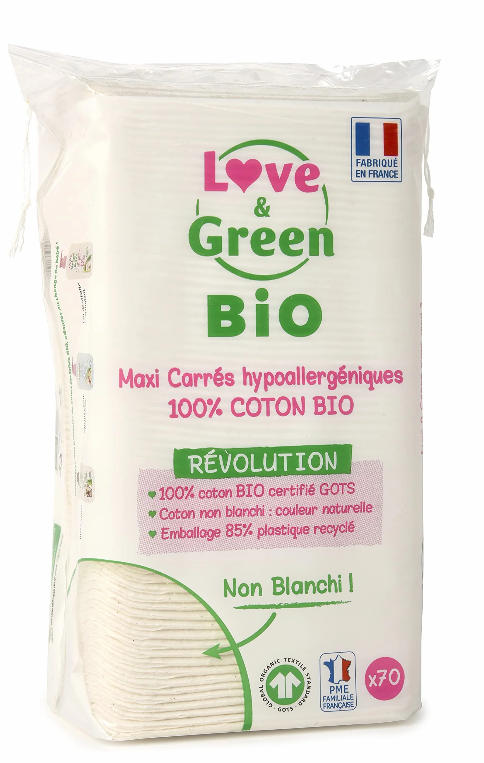 Love & Green Maxi-kwadraty, bawełna organiczna, 70 sztuk