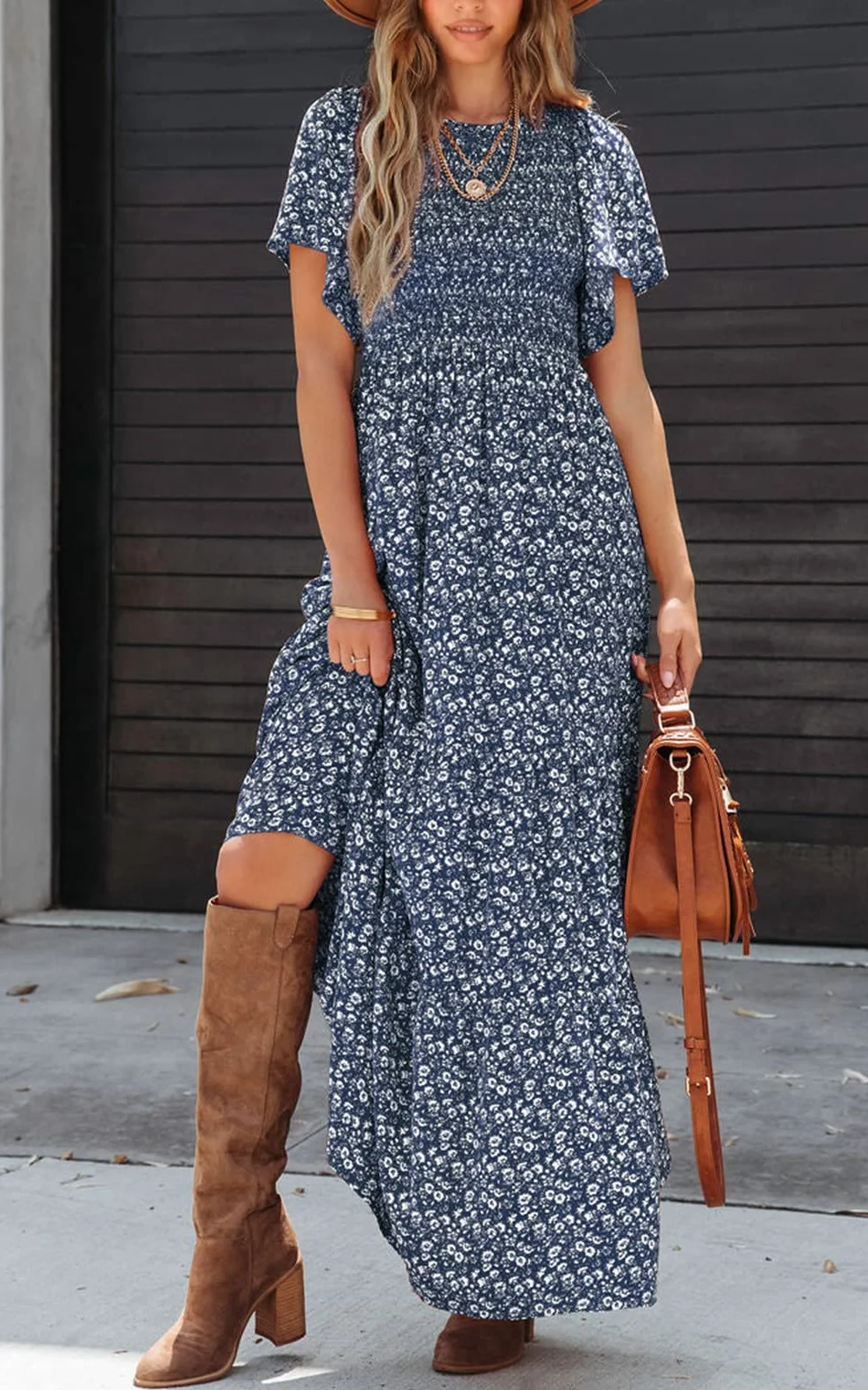 PRETTYGARDEN Women's 2025 Summer Round Neck Short Flutter Sleeve Smocked Ruffle Floral Maxi Dress Flowy Tiered Boho Dress (Navy,Medium)