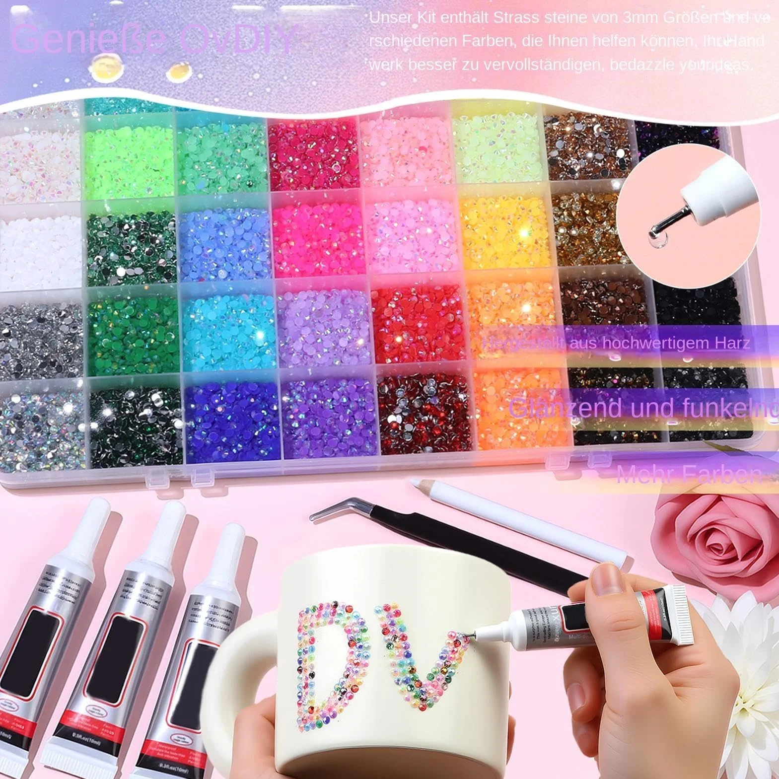 Rhinestones Bedazzling Kit, ozdoby do paznokci z klejnotami, wielokolorowe kamienie strasu z precyzyjnym aplikatorem, Rhinestone Bedazzler Kit, styl do etui na telefon i ubrania