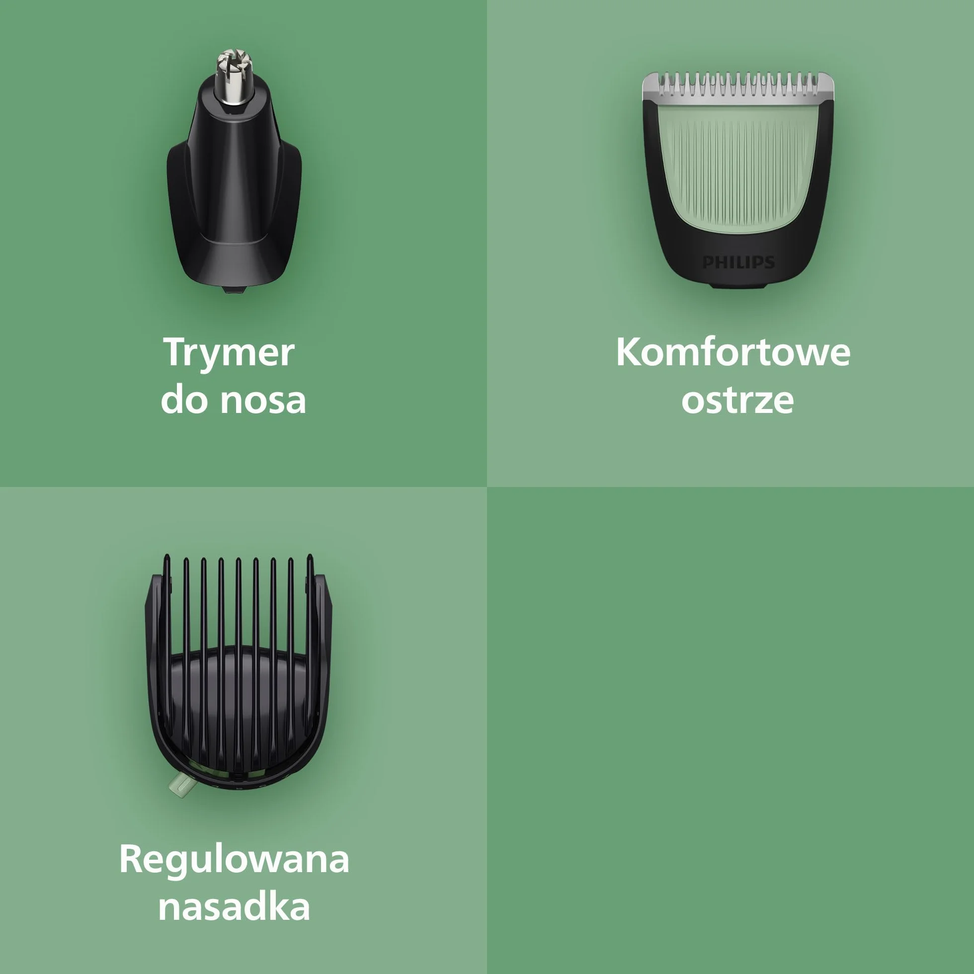 Philips Multigroom All-in-One z serii 3000 – 7-elementowy trymer do twarzy i głowy, samoostrzące się, przyjazne dla skóry ostrza, 10 ustawień długości, model MG3930/15