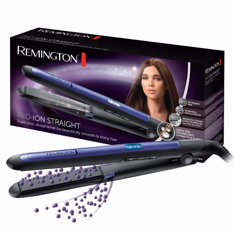 Remington prostownica do włosów z jonizacją (3x), powłoka ceramiczno-turmalinowa, zakres temp. 150-230°C, ruchome płytki, szybkie nagrzewanie, obrotow przewód, etui, fioletowa, Pro-Ion S7710