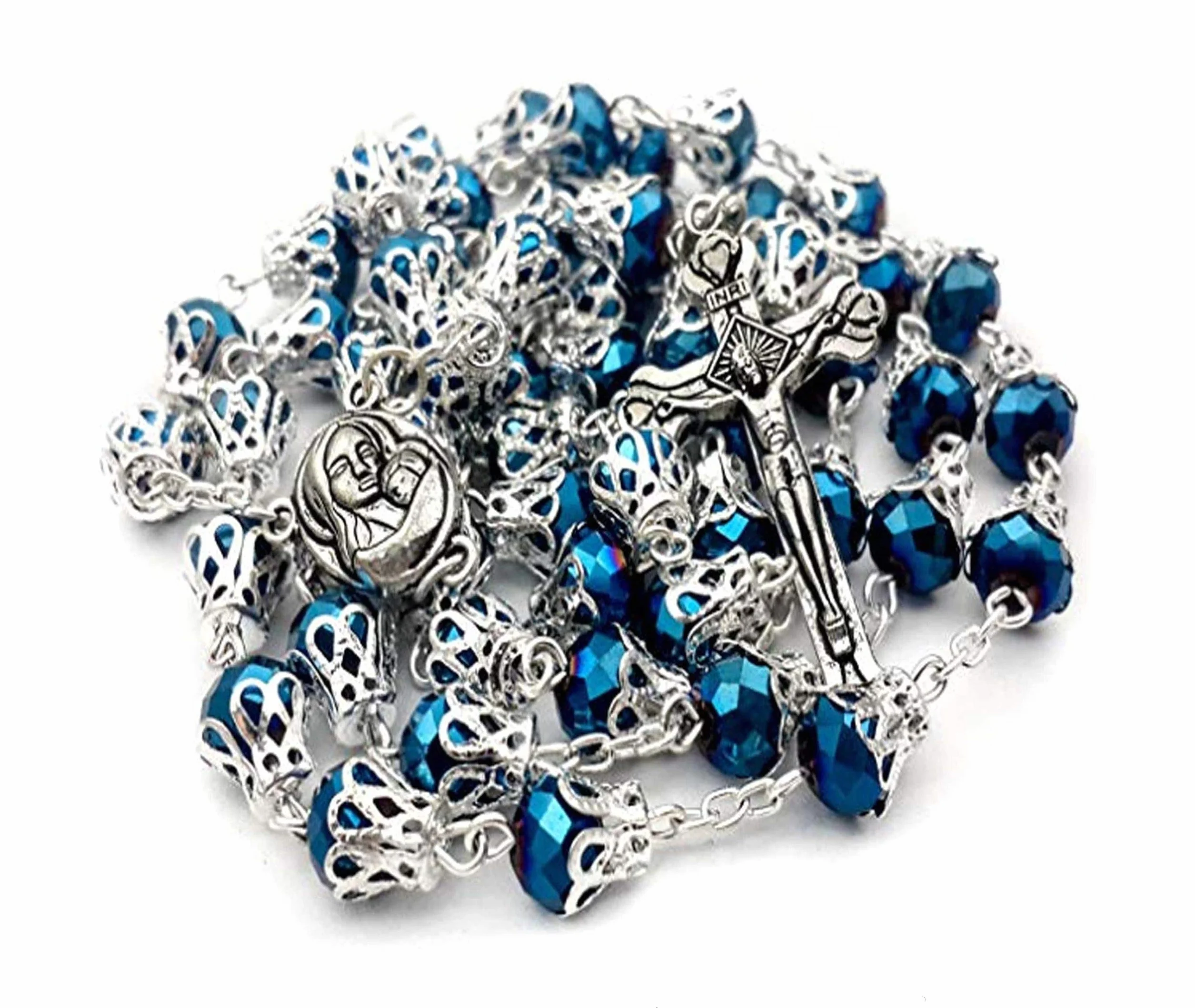 Nazareth Store Głębokie niebieskie kryształowe koraliki różaniec katolicki naszyjnik metalowe czapki Święta Maryja ziemia centralny medal krzyż krucyfiks w aksamitnej torbie modlitwa Rosarios