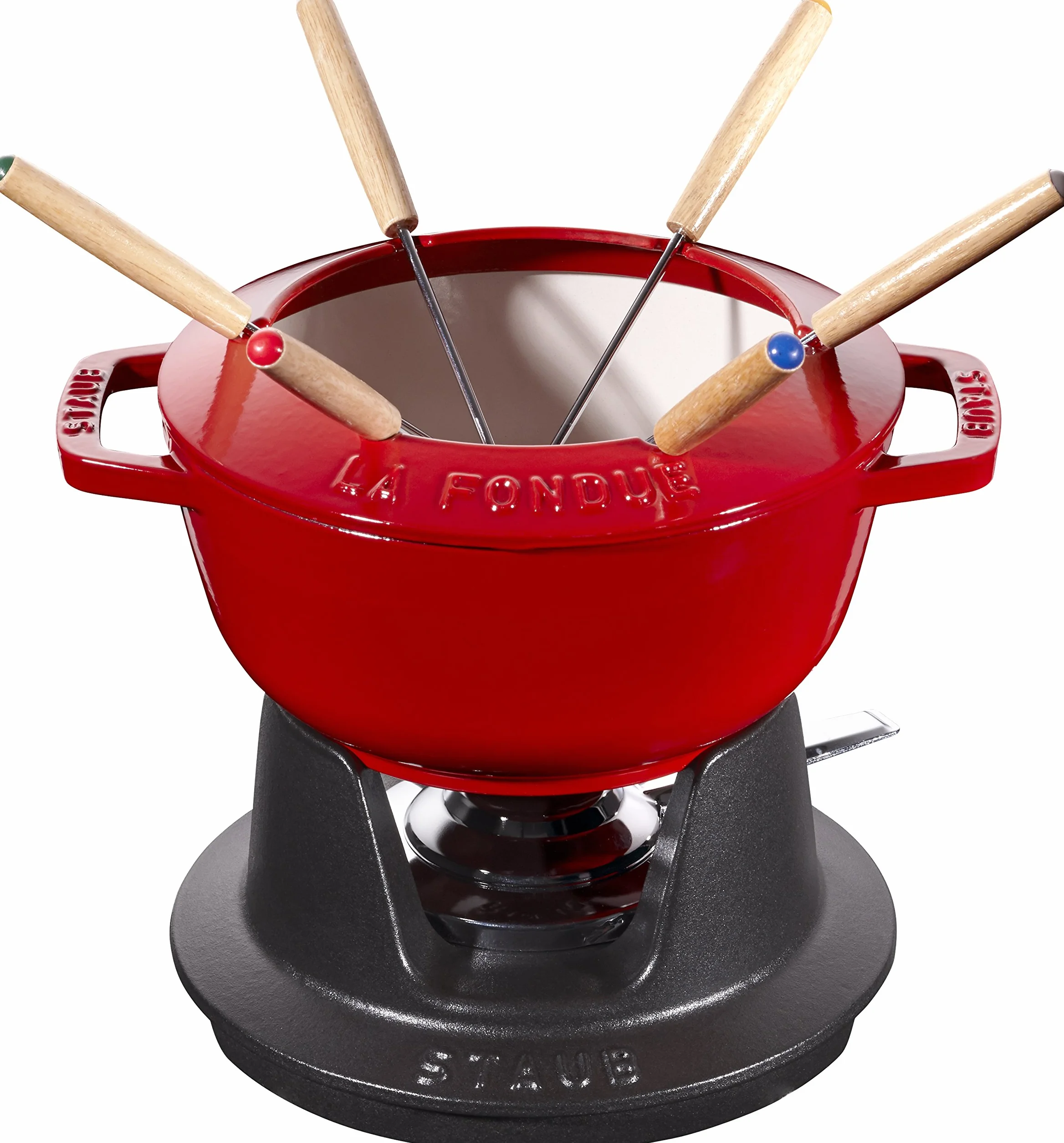 Zestaw do Fondue STAUB z 6 Widelcami, żeliwo, okrągły, 18 cm, 1,6 l, nadaje się do fondue serowego, czekoladowego i mięsnego, wyprodukowano we Francji, wiśniowo-czerwony