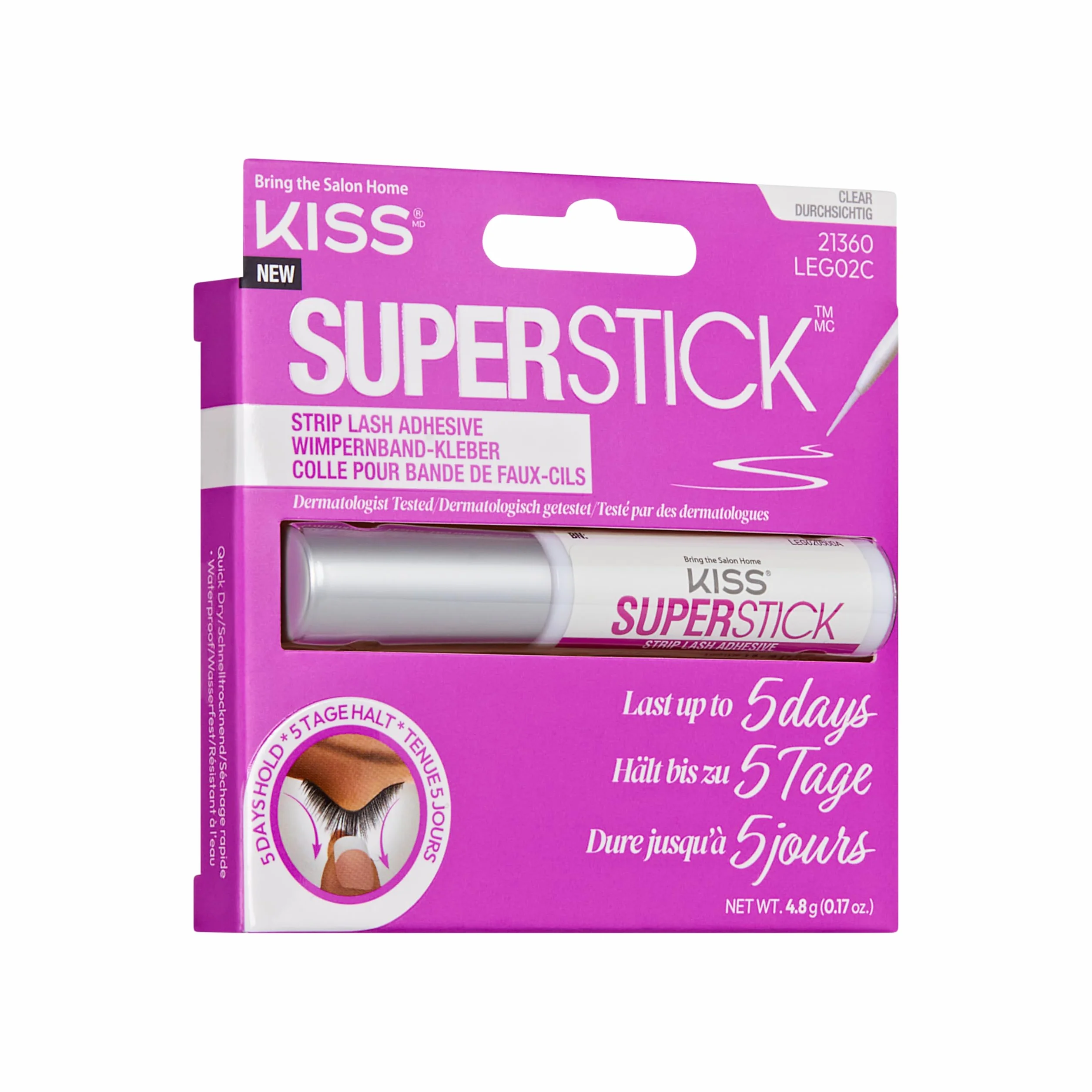 KISS Super Stick klej do rzęs, wydłużony czas noszenia 5 dni, szybkoschnący klej do rzęs, wzbogacony ekstraktem z oczaru wirginijskiego i kaktusa, aplikator pędzla, netto 4,8 g, przezroczysty